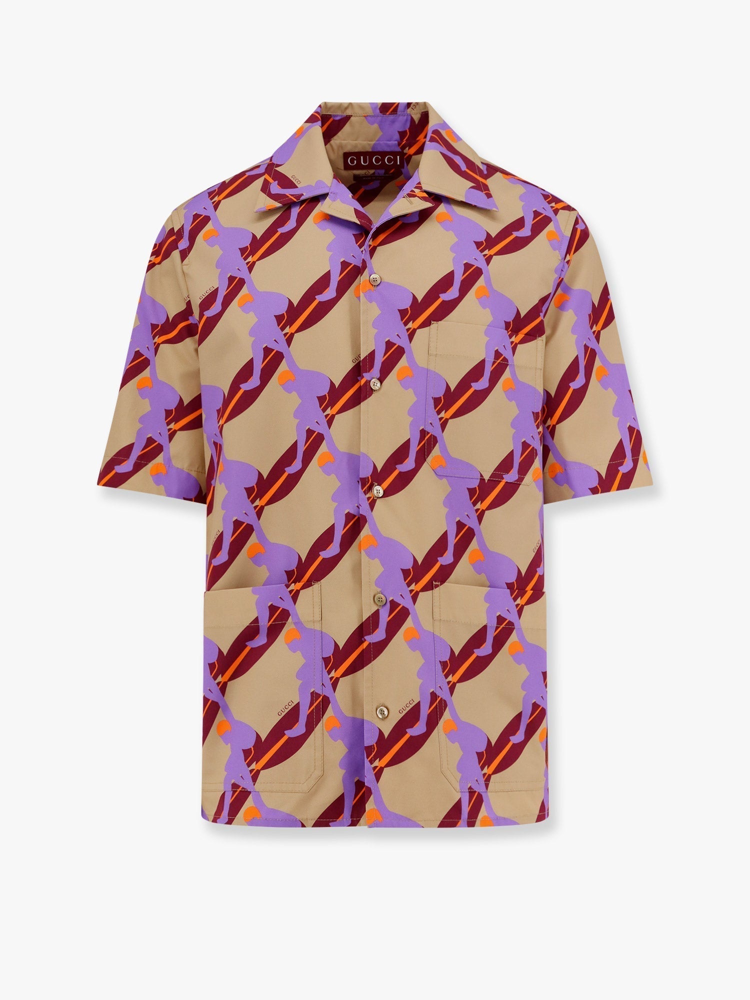Gucci Men Bowling Cotton Popeline Shirt With All-Over Surfer Print