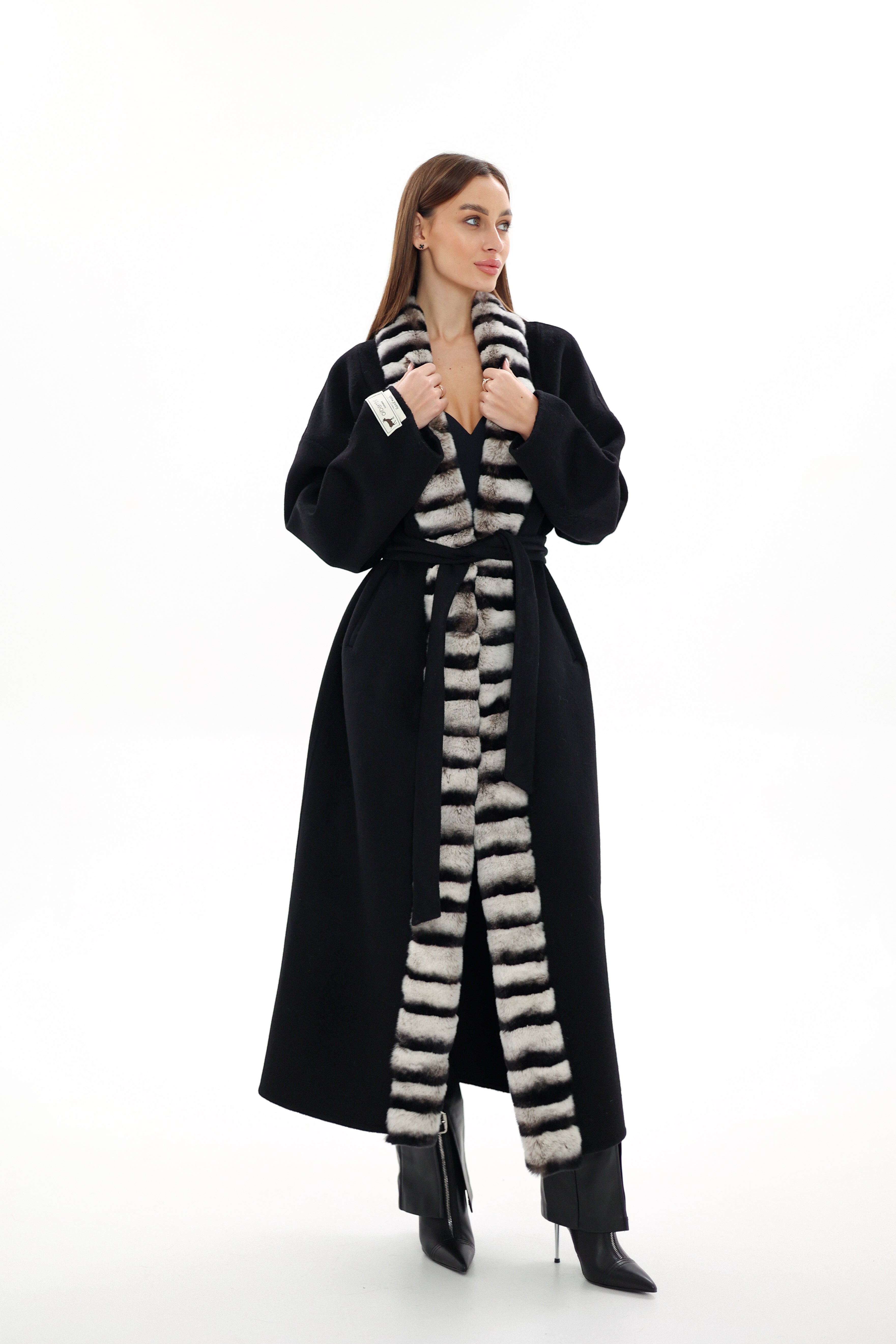 Genuine  French Orylag Fur Italian Cashmere Wool Coat 130cm