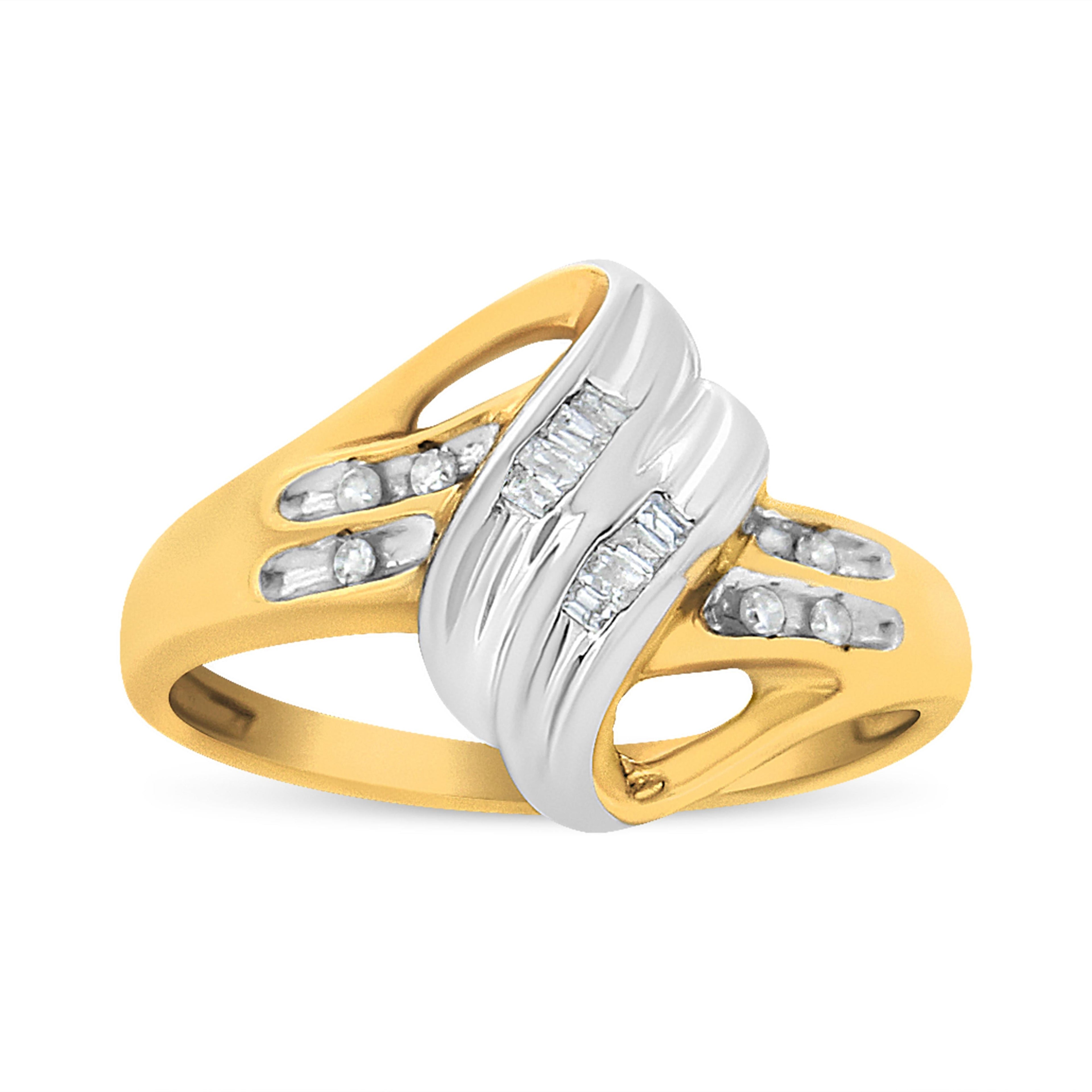10K Yellow and White Gold 1.00 Cttw Round And Baguette-Cut Diamond Accent Bypass Ring (H-I Color, I2-I3 Clarity) - Ring Size 7