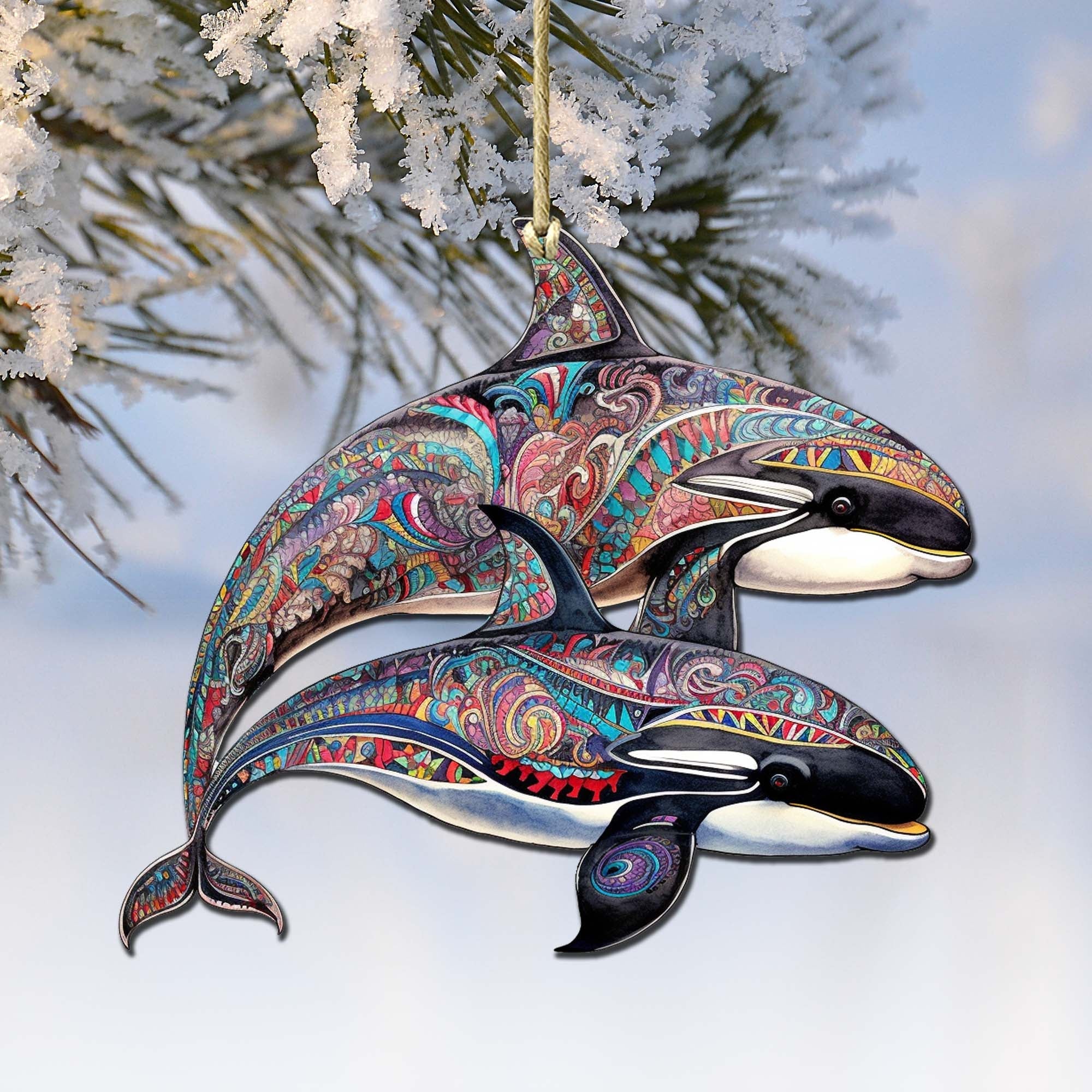 Alaskan Mysterious Orcas Wooden Ornaments by G.Debrekht - Wildlife Holiday Decor - 8710107-1