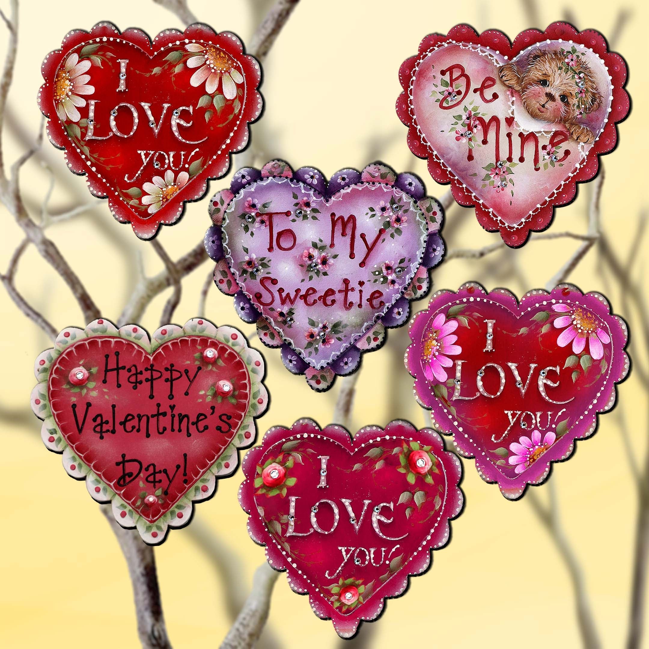 Hearts of Love Decorative Wooden Clip-on Ornaments Set of 6 - Family Love Decor - 8090128C-S6