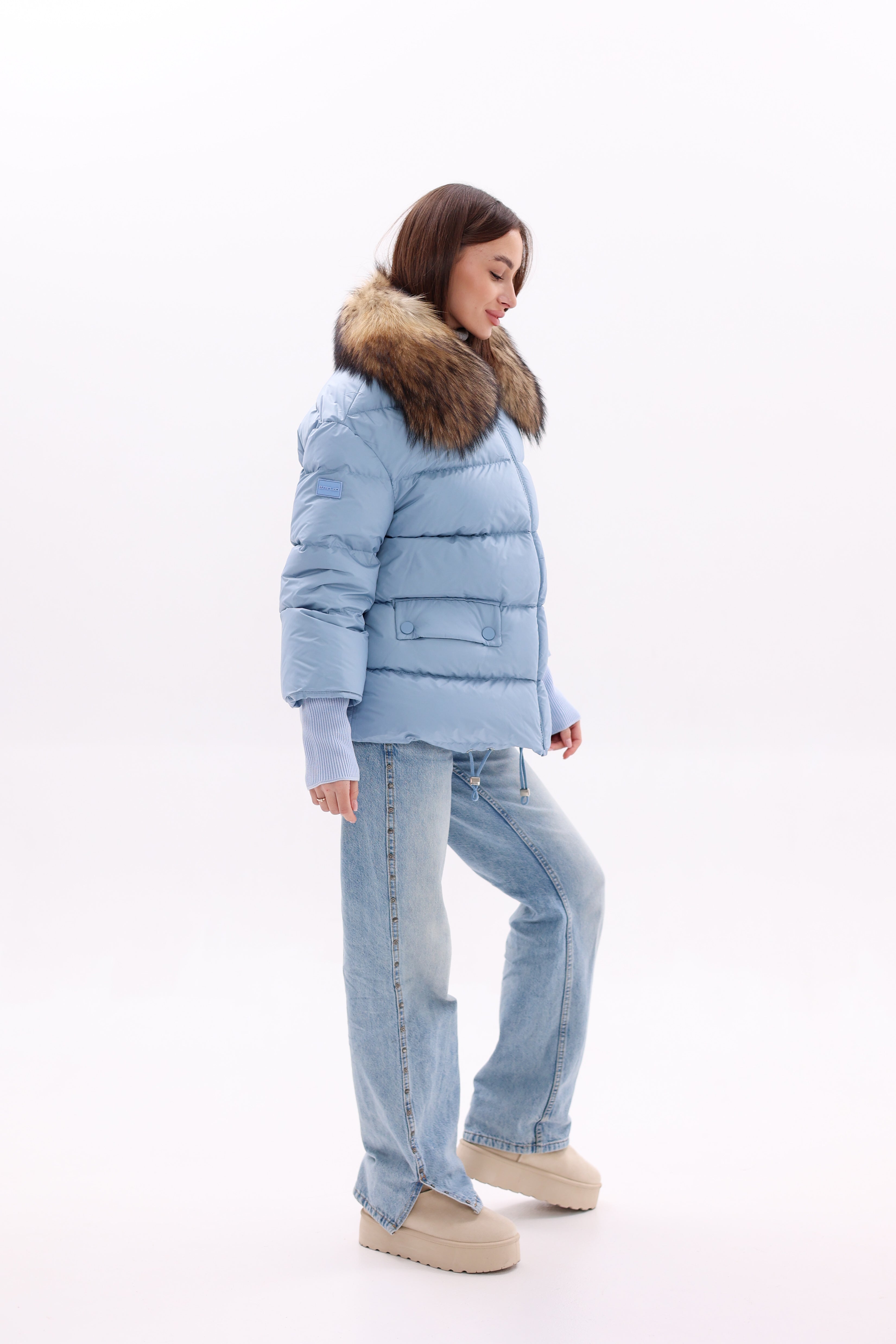 Genuine Fur Trim Down Fill Coat in Blue