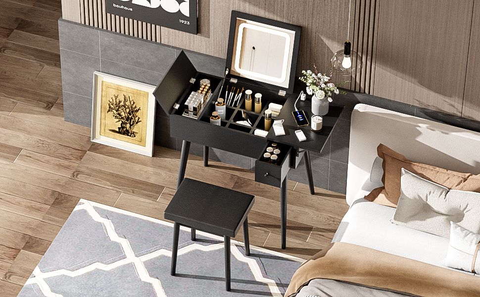27.9" Black Makeup Vanity Desk with Flip Top Mirror and LED Light, Dressing Table with Charging Station, 2 Drawers and Fold-up Panel, Vanity Set with Cushioned Stool for Bedroom