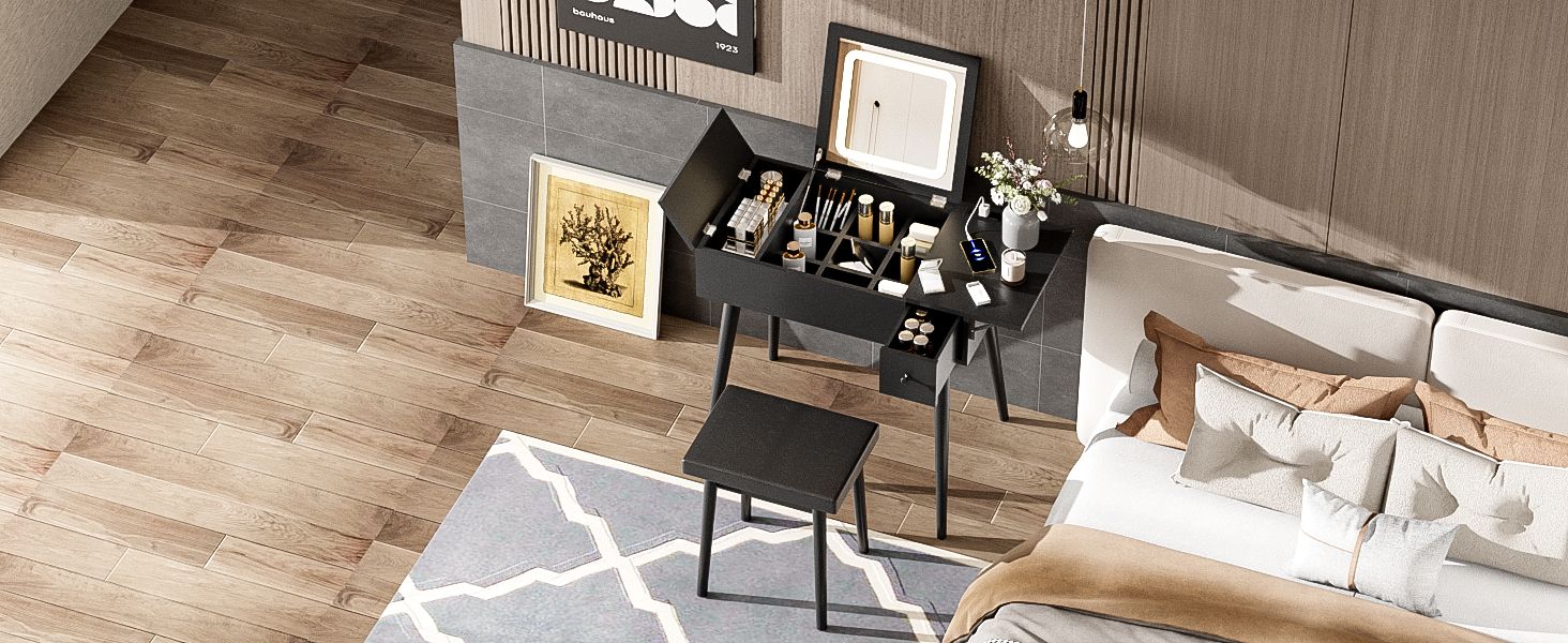 27.9" Black Makeup Vanity Desk with Flip Top Mirror and LED Light, Dressing Table with Charging Station, 2 Drawers and Fold-up Panel, Vanity Set with Cushioned Stool for Bedroom
