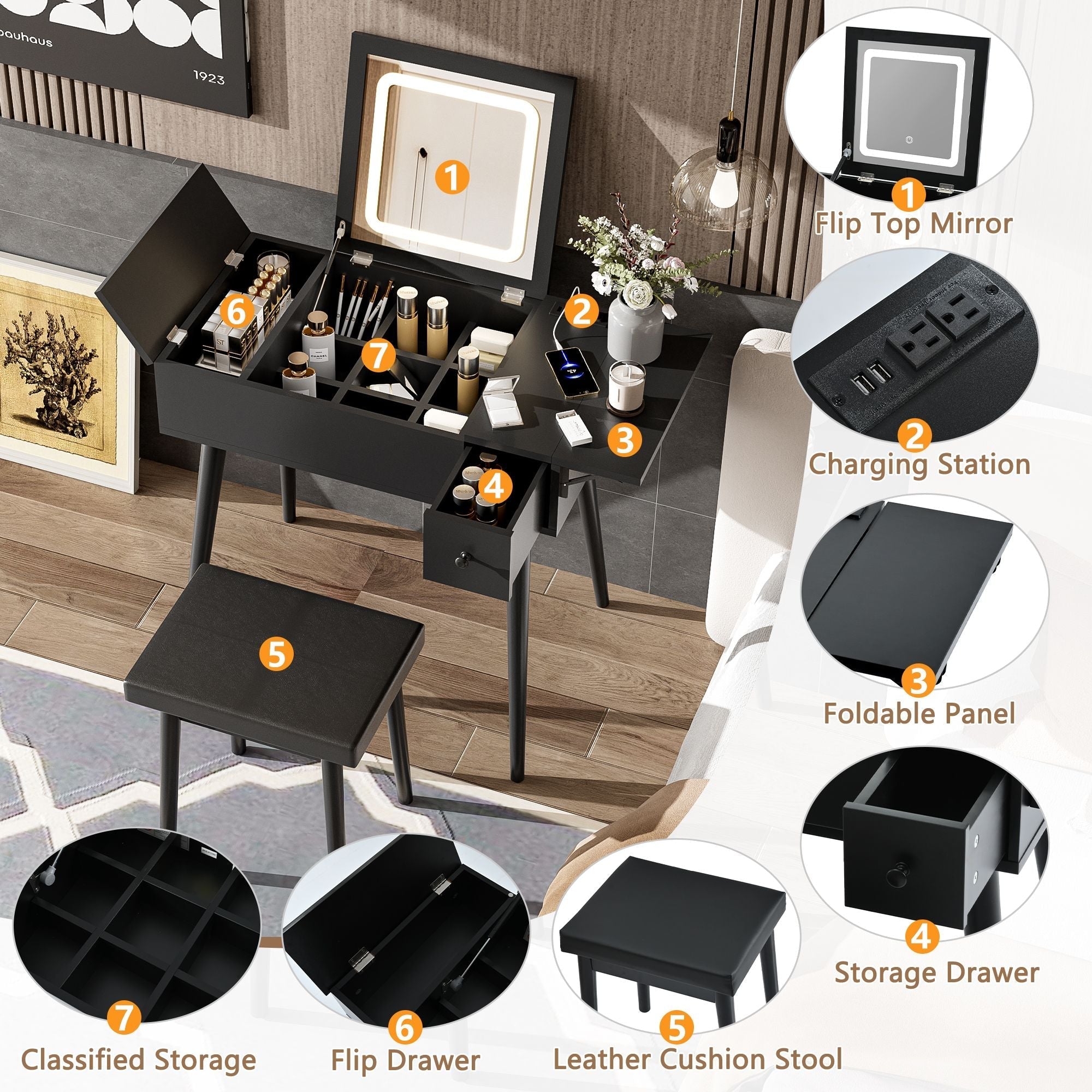 27.9" Black Makeup Vanity Desk with Flip Top Mirror and LED Light, Dressing Table with Charging Station, 2 Drawers and Fold-up Panel, Vanity Set with Cushioned Stool for Bedroom