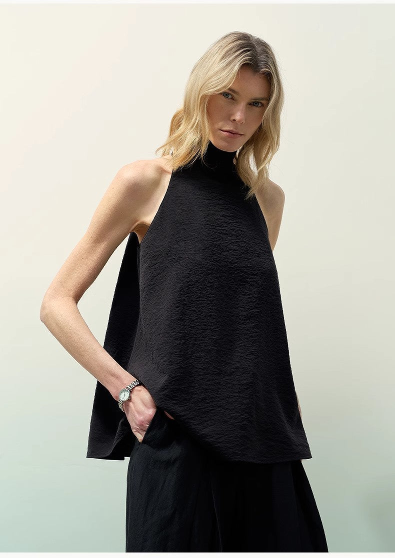 Luxury mulberry silk wrinkle-resistant small high collar A-line sleeveless top vest for women-1