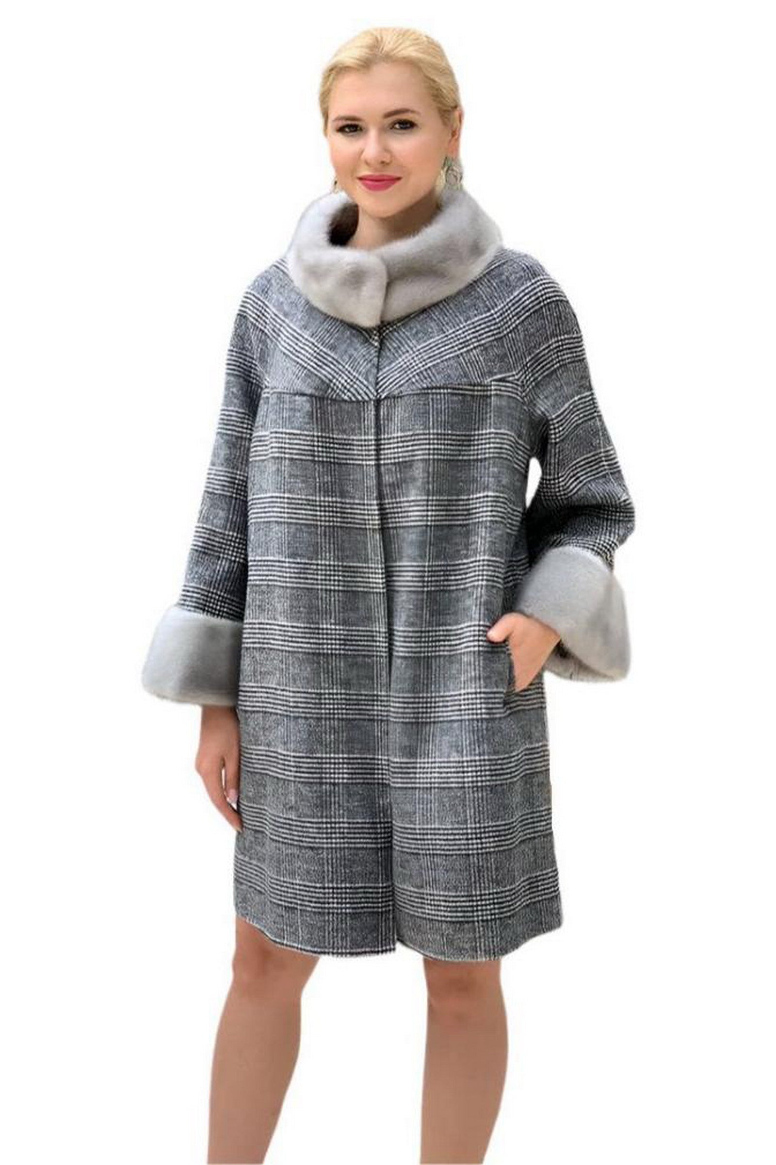 Genuine Scandinavian Mink Fur Rabbit Fur Lined Collar Virgin Wool Coat