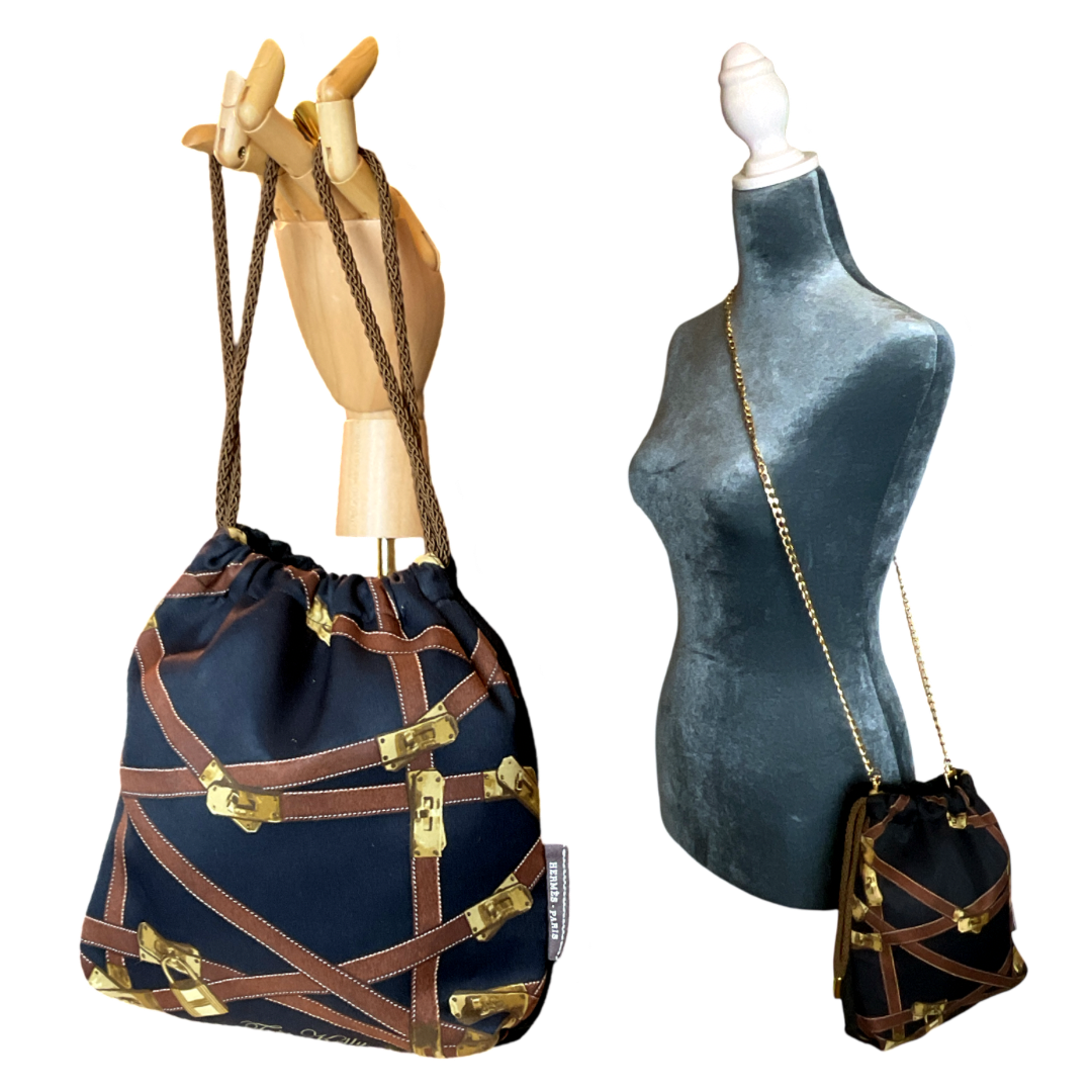 Très Kelly Noir Vintage Silk Scarf Drawstring Crossbody Bag