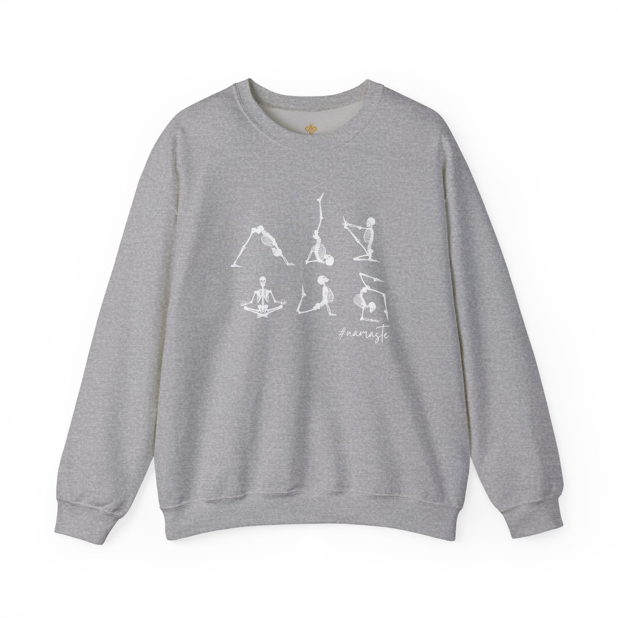 Namaste Halloween Yoga Skeleton Sweatshirt | Cozy Gildan Unisex Crewneck, Three Bees Co. Fall Fashion, Halloween Apparel, Spooky Season Essentials