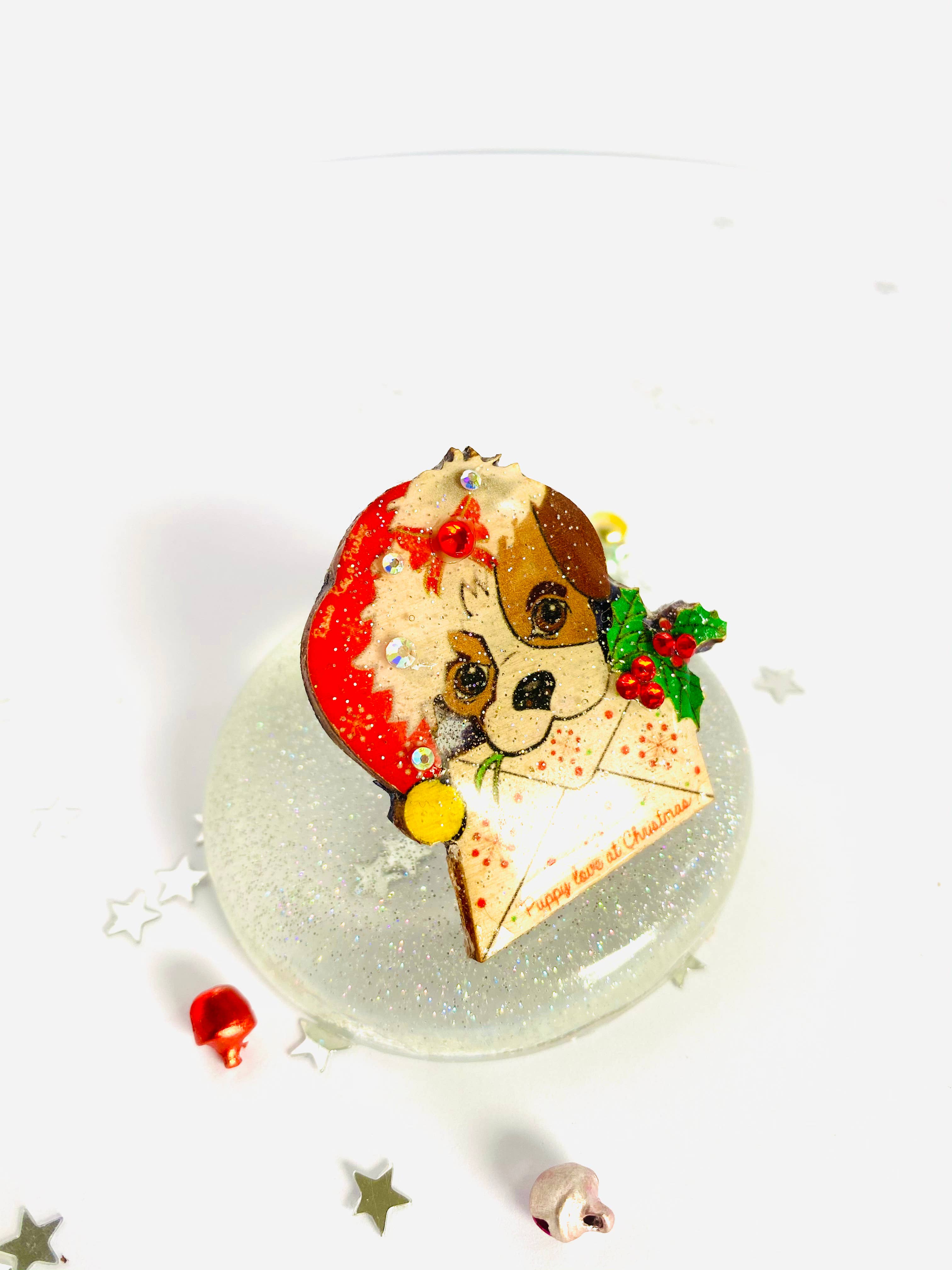 Puppy love at Xmas Brooch by Rosie Rose Parker