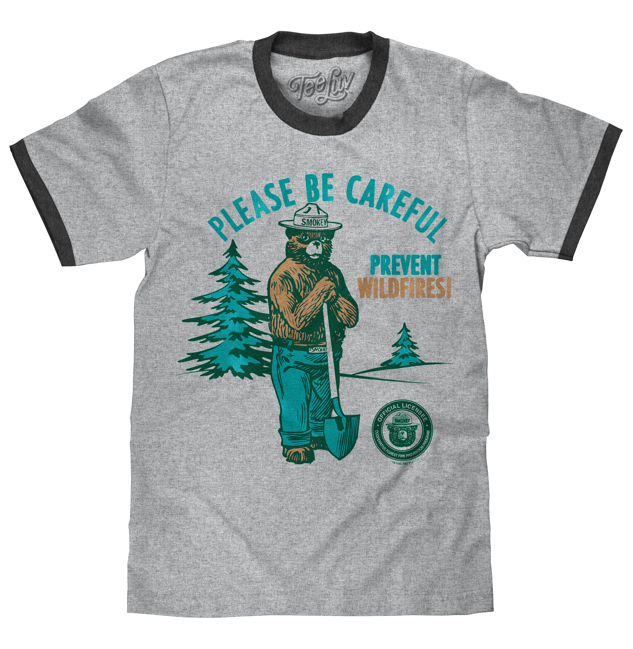 Smokey Bear Please Be Careful Prevent Wildfires Ringer T-Shirt - Gray and Black