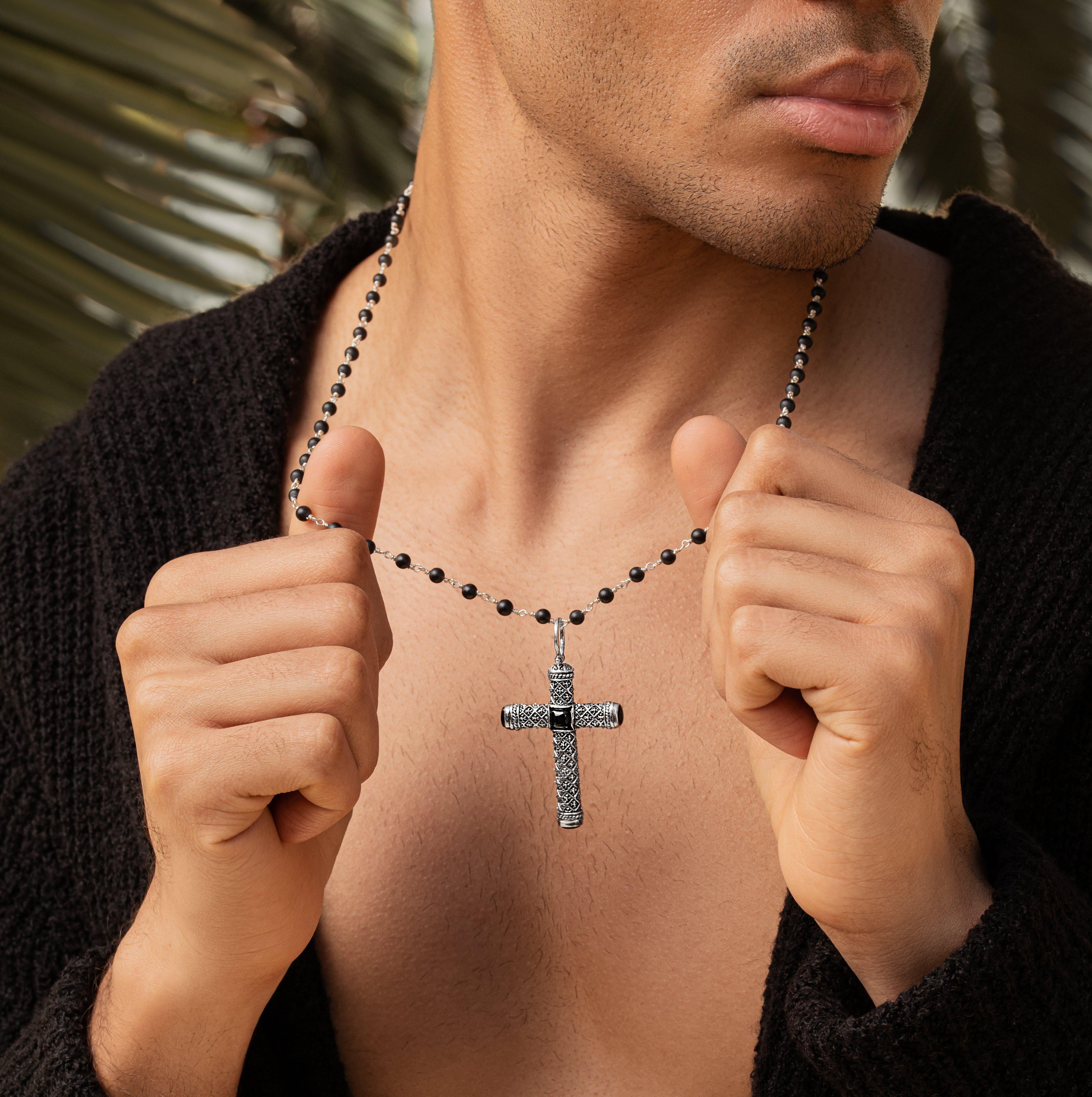 Profound Belief - Silver Matte Onyx Cross Charm Necklace