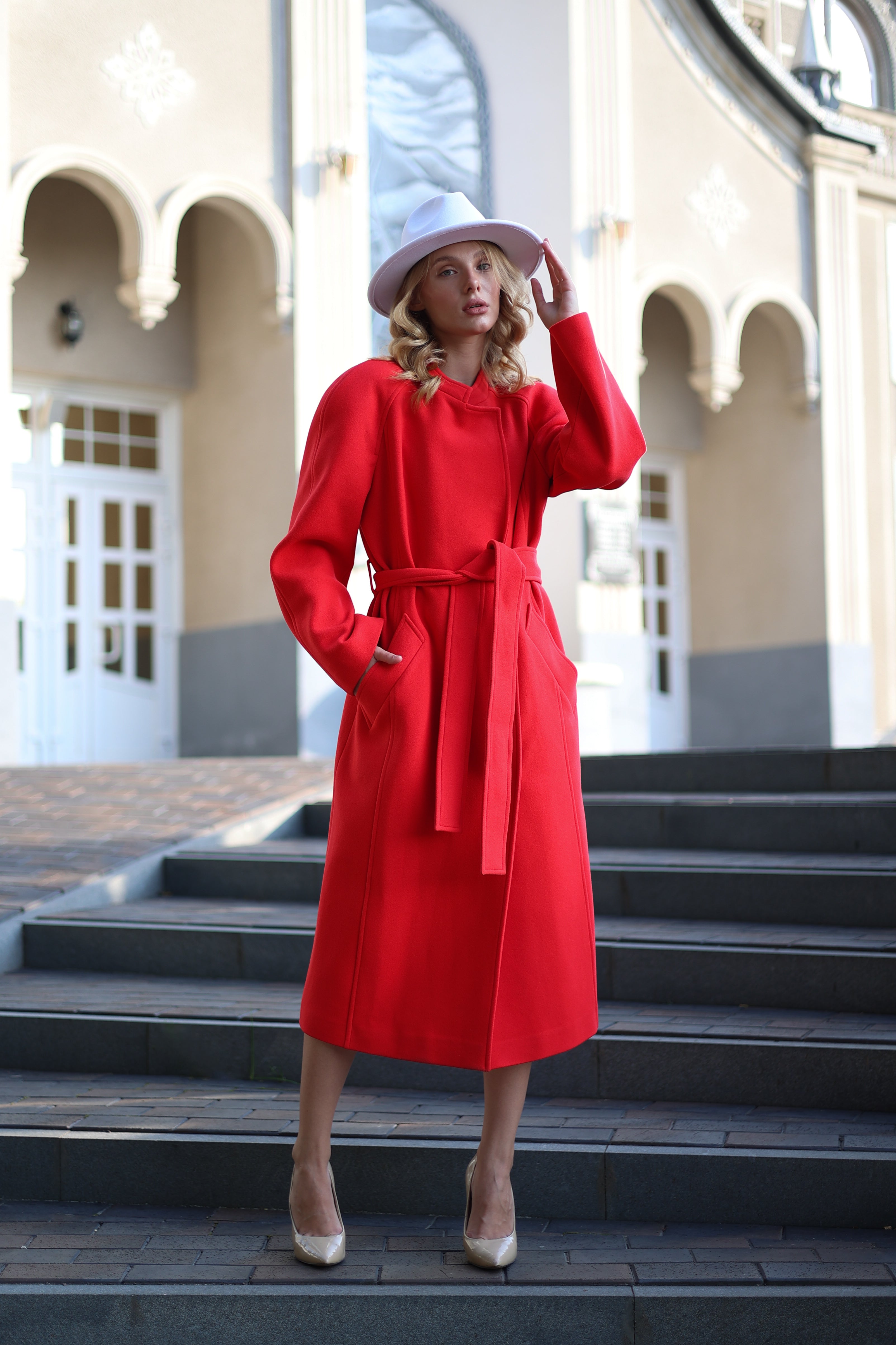 Band Collar Wool Blend Coat in Red