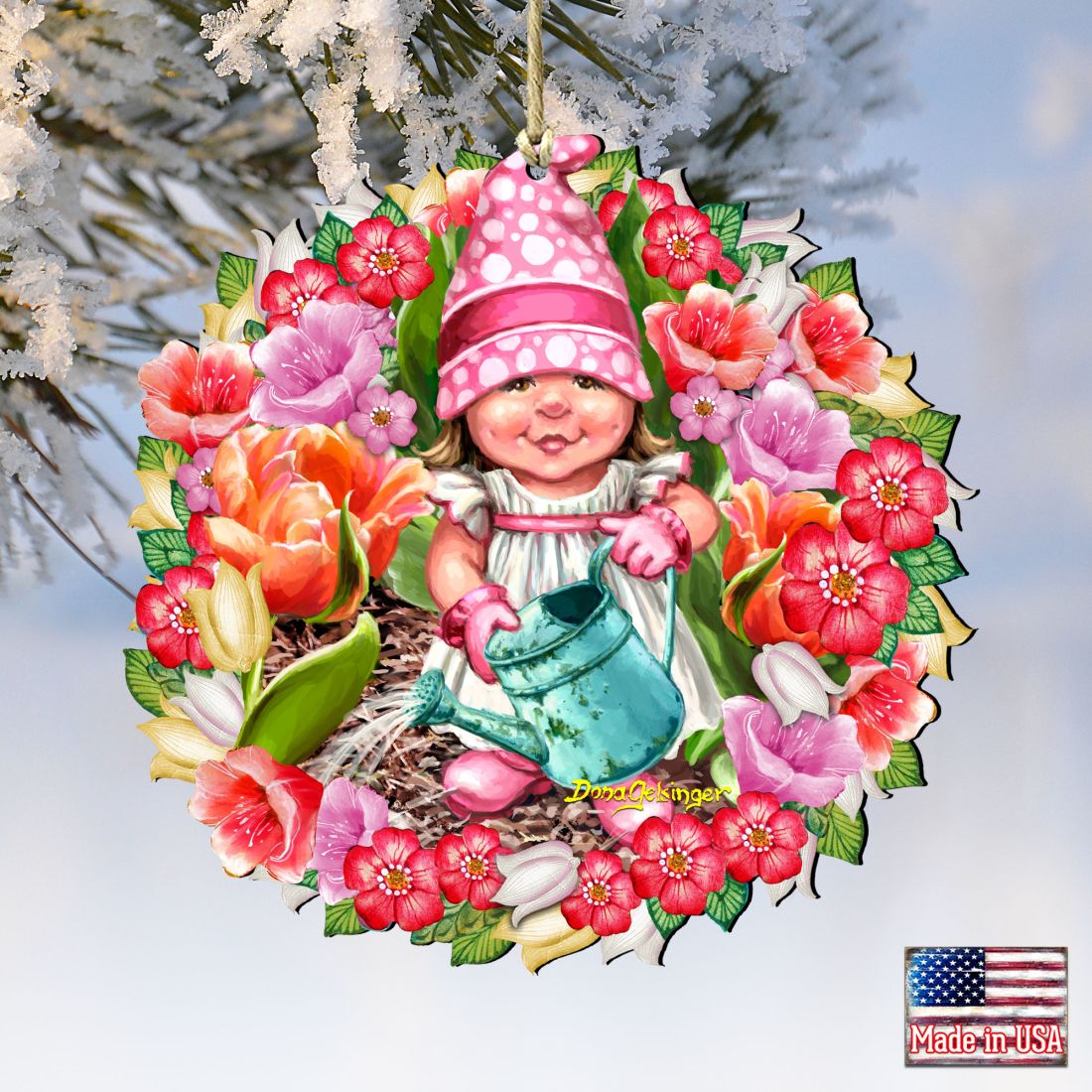 Spring Blossom Gnome Dwarf Wreath Wooden Ornaments by Gelsinger - Easter Spring Decor - 8161055-DG