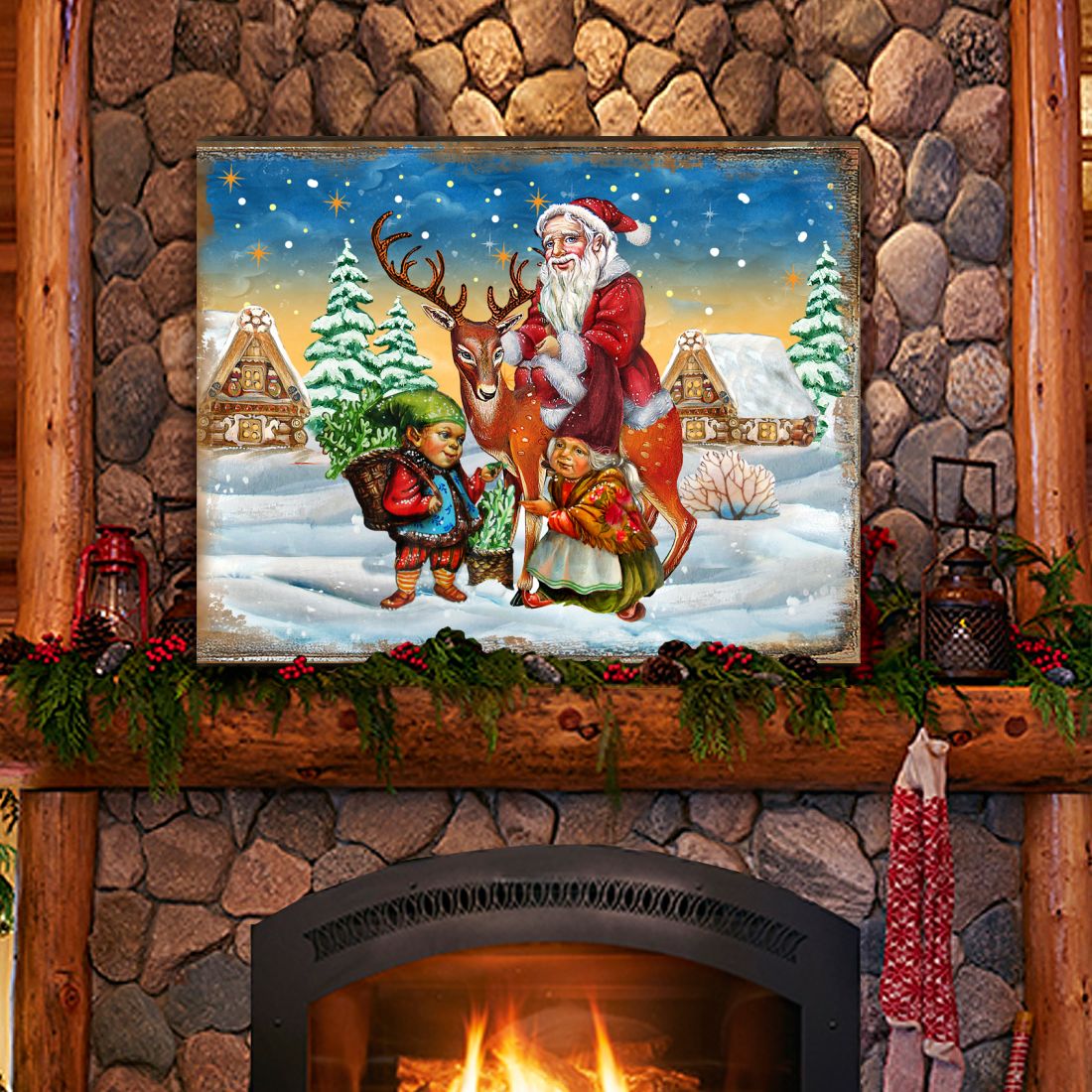 Vintage Reindeer Ride Santa Wooden Wall Art by G. DeBrekht - Christmas Santa Snowman Decor - 8173865B