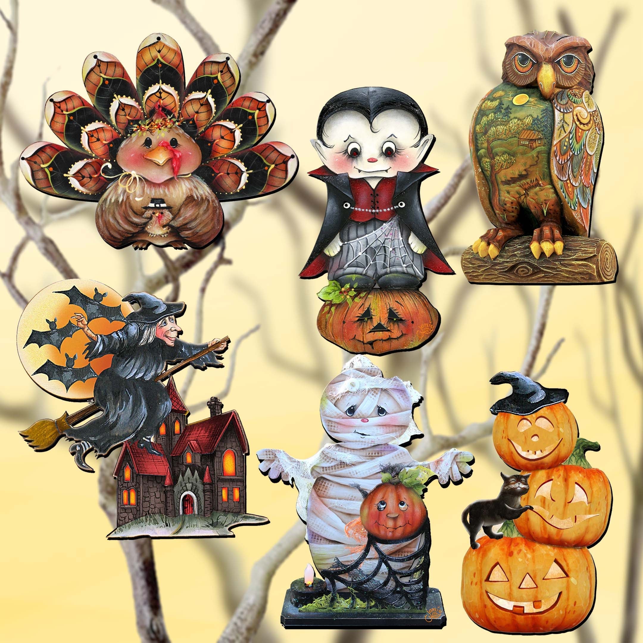 Happy Halloween Decorative Wooden Clip-on Ornaments Set of 6 by Jamie Mills-Price and G. Debrekht - Halloween Decor - 8090135C-S6