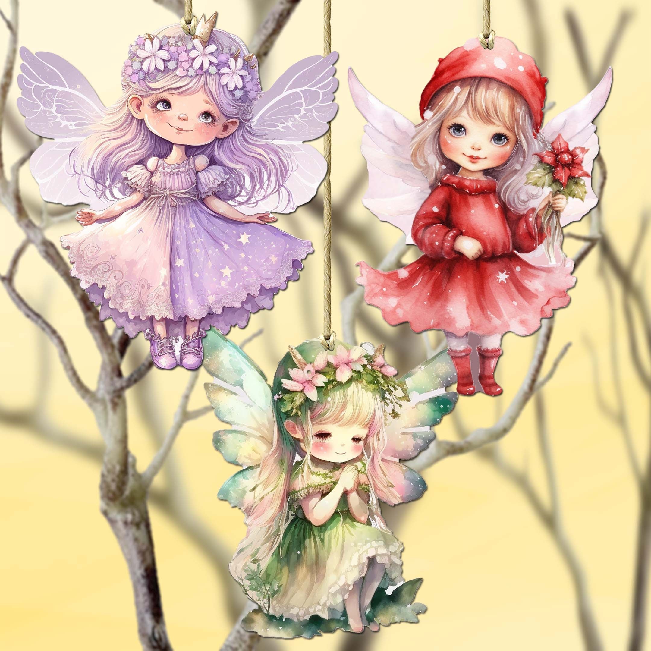 Colorful Fairies Decorative Wooden Ornaments of 3 by G. Debrekht - Love Family Decor - 8091006-S3