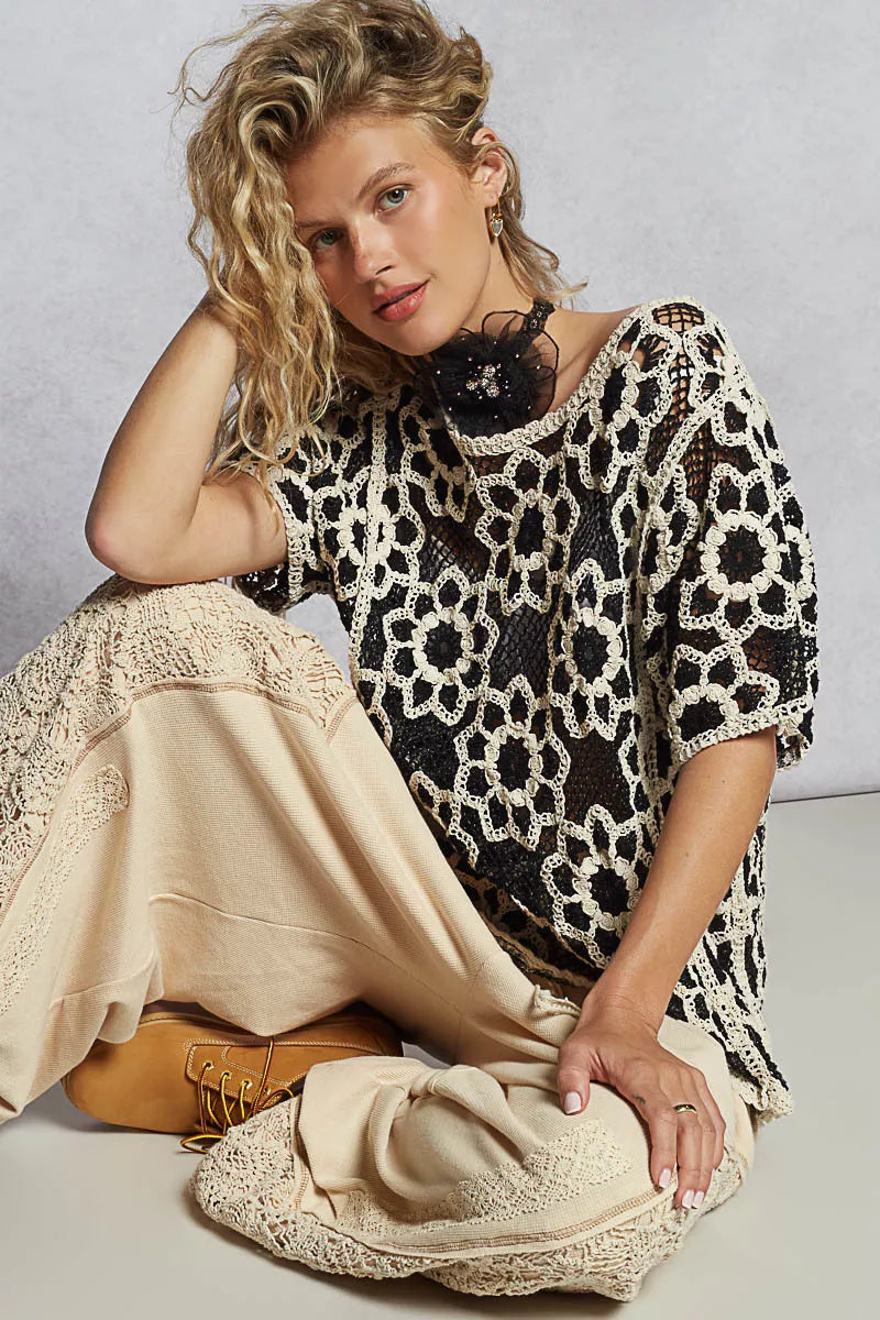 POL Openwork Short Sleeve Crochet Knit Top with Weave Knit Patterns