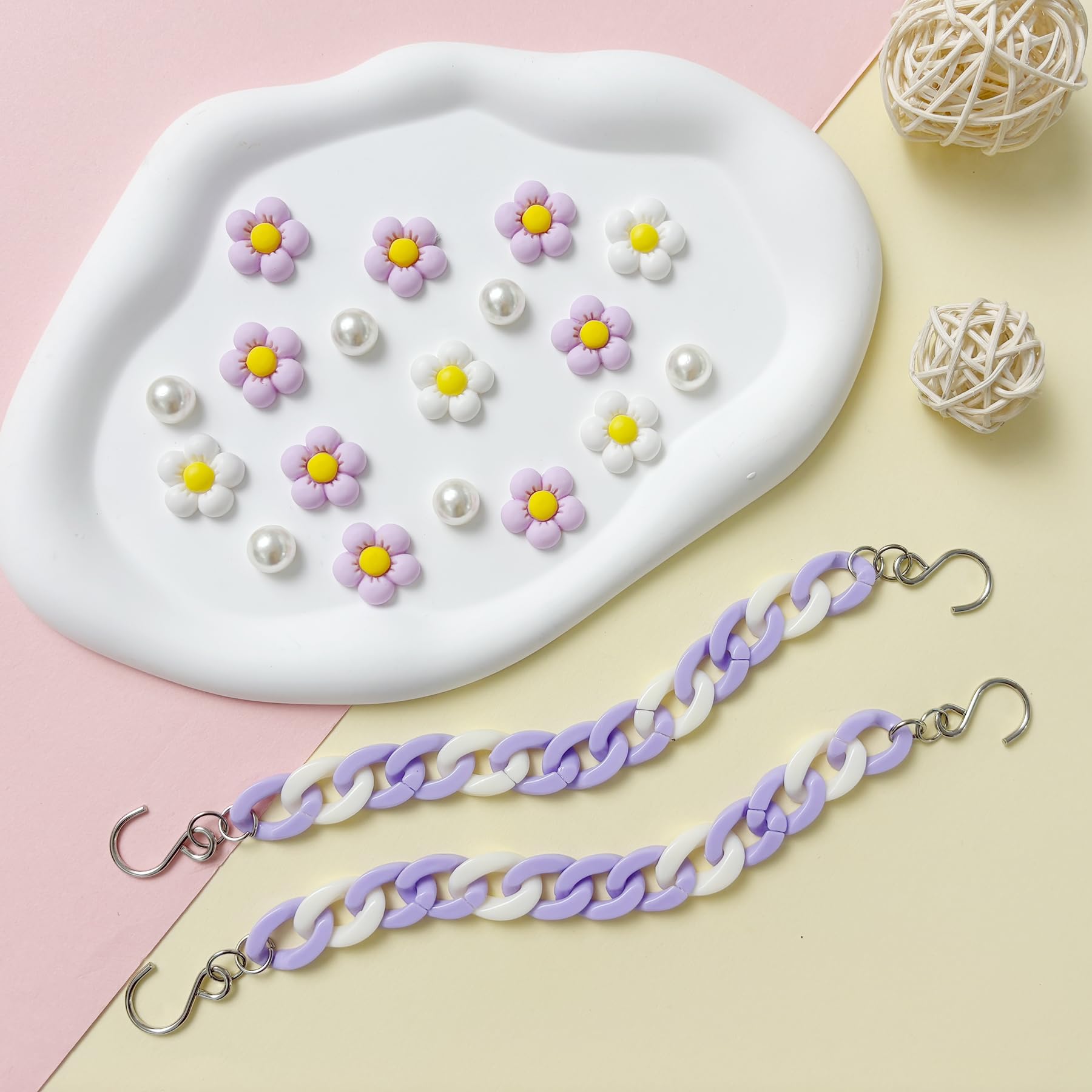 2Pcs Acrylic Shoe Chains for Women, 18Pcs Flower Pearl Shoe Charms Accessories for Clog Sandals, DIY Shoe Decoration Charms for Girls, Party Favor