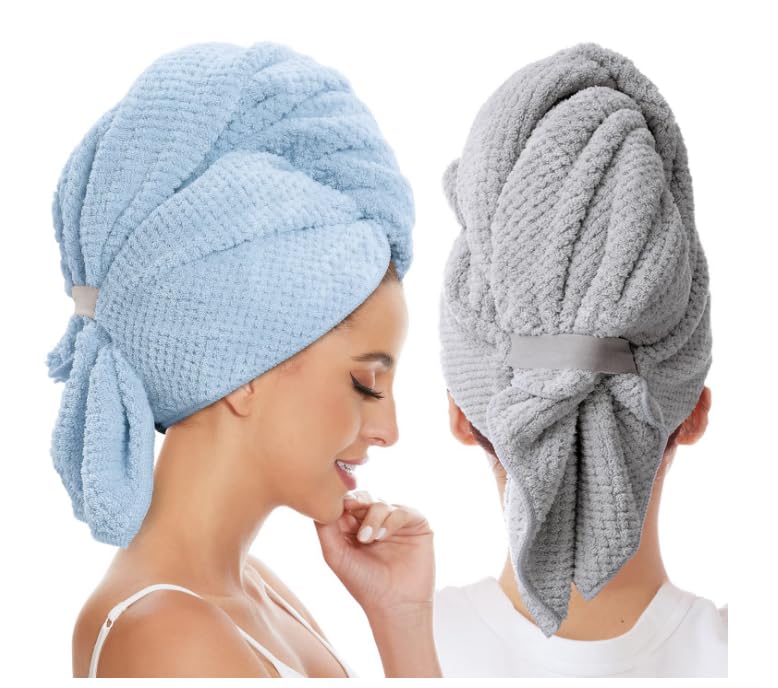 2Pcs Its Large Size (23in x 41.34in) Accommodates All Hair Types, from Short to Long and Thin to Thick. The Soft Microfiber Material is Kind to Your Hair（Super Good qualiey） (Blue & Gray)
