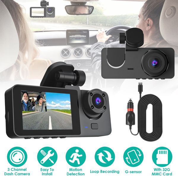3 Channel Dash Cam Front Inside Rear Vehicle Driving Recorder Car DVR with 32G MMC Card G Sensor Motion Detection Parking Monitor Loop Recording