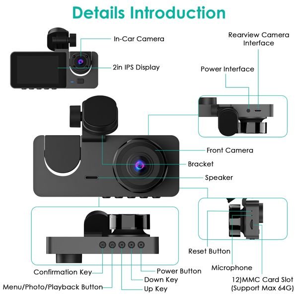3 Channel Dash Cam Front Inside Rear Vehicle Driving Recorder Car DVR with 32G MMC Card G Sensor Motion Detection Parking Monitor Loop Recording