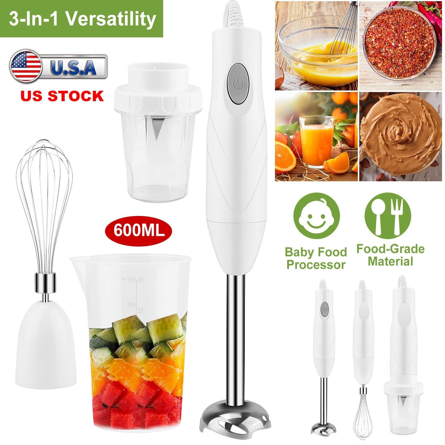 3-In-1 Immersion Hand Blender Multifunctional Stick Blender Mixer Grinder