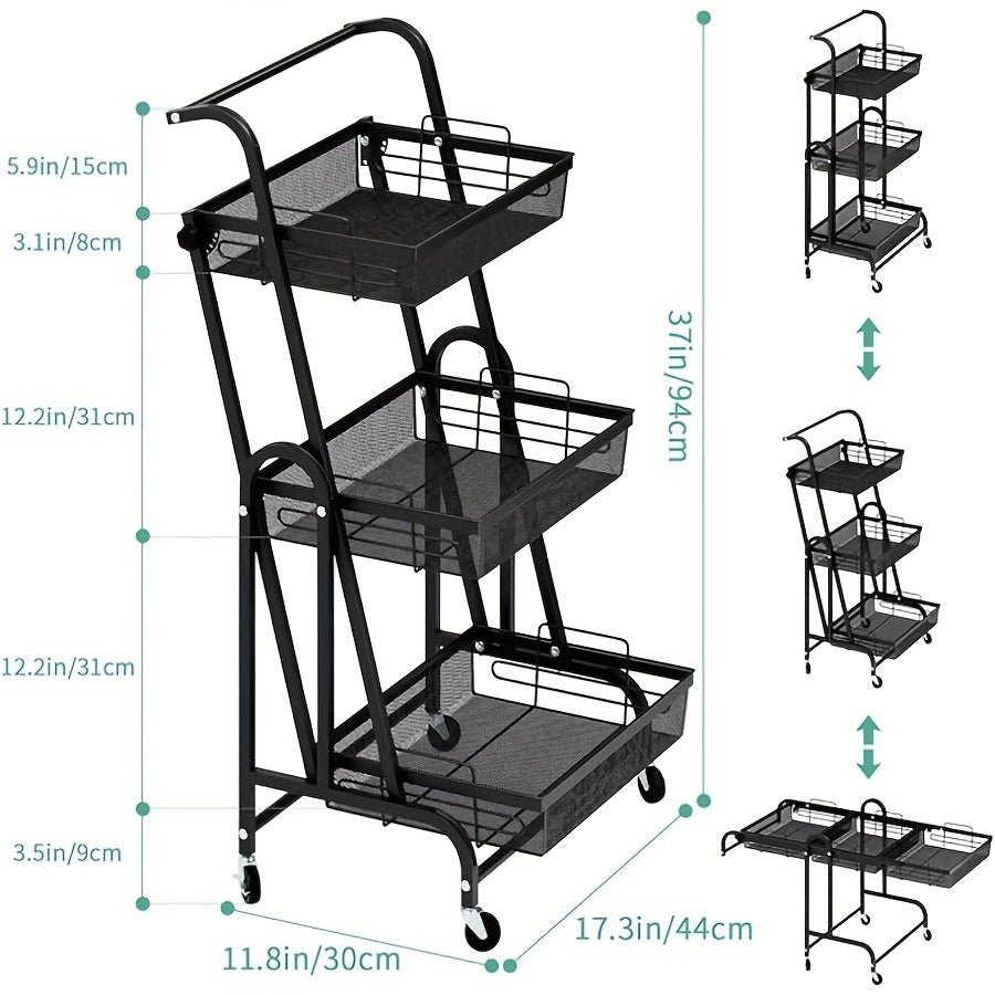 3-layer multi-functional iron durable foldable storage rack Home multi-layer storage rack Kitchen rotating storage rack Storage rack with wheels Practical storage rack