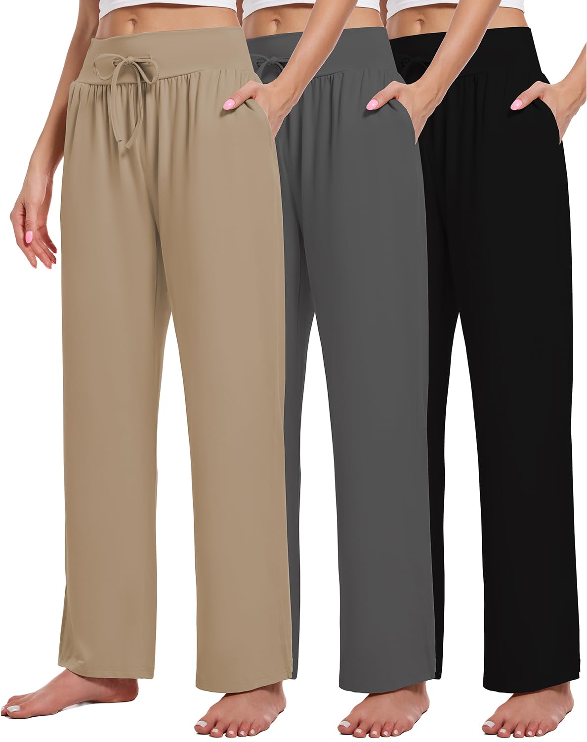 3 Pack Women's Lounge Pants Wide Leg Yoga Sweatpants with Pockets High Waisted Drawstring Lounge Loose Workout Jogger