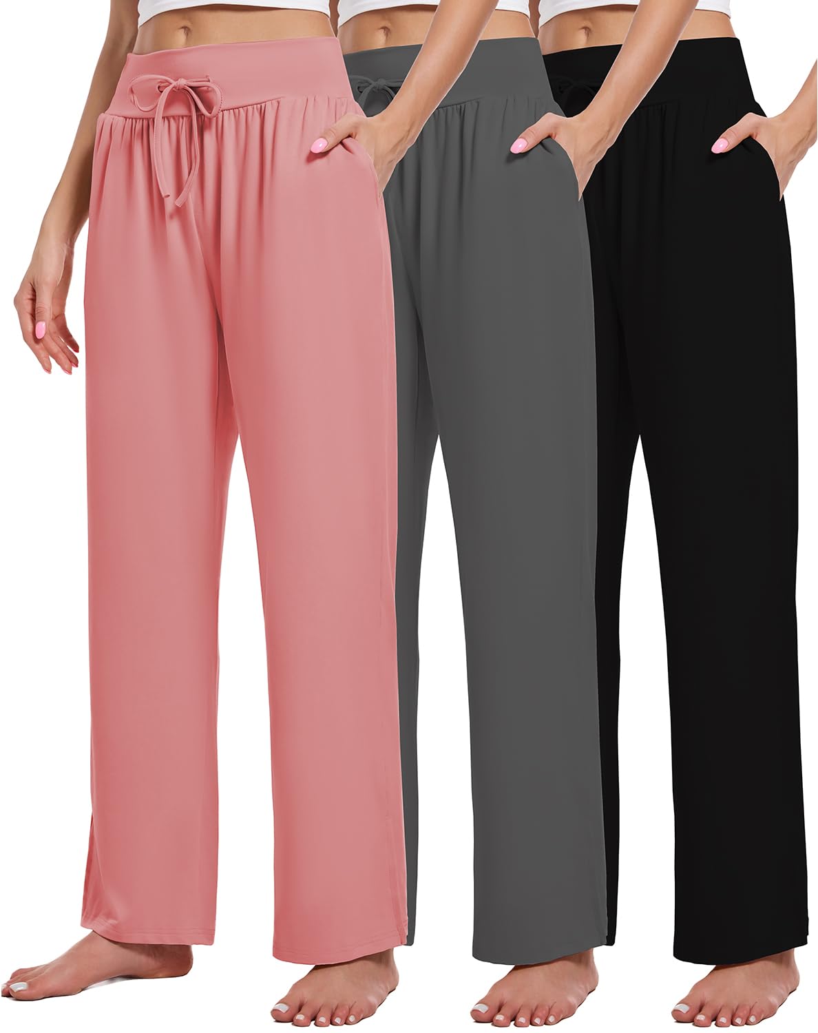3 Pack Women's Lounge Pants Wide Leg Yoga Sweatpants with Pockets High Waisted Drawstring Lounge Loose Workout Jogger