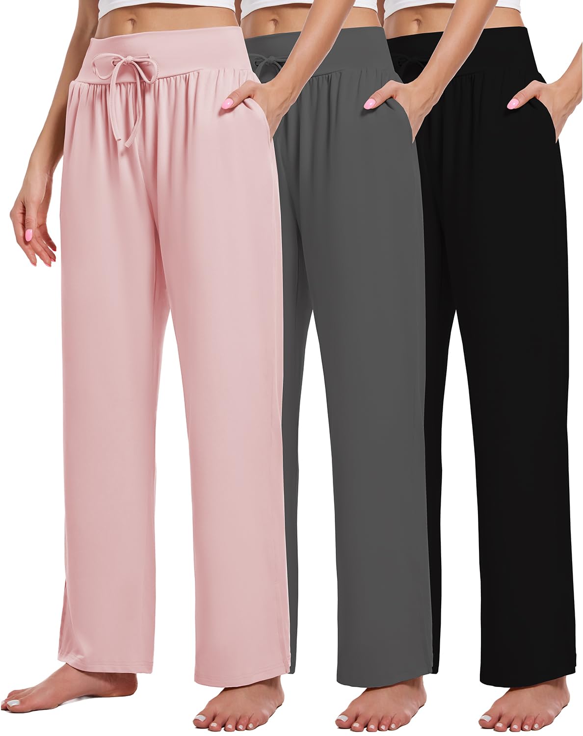 3 Pack Women's Lounge Pants Wide Leg Yoga Sweatpants with Pockets High Waisted Drawstring Lounge Loose Workout Jogger