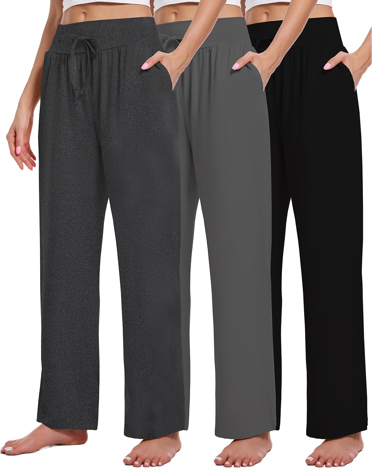 3 Pack Women's Lounge Pants Wide Leg Yoga Sweatpants with Pockets High Waisted Drawstring Lounge Loose Workout Jogger