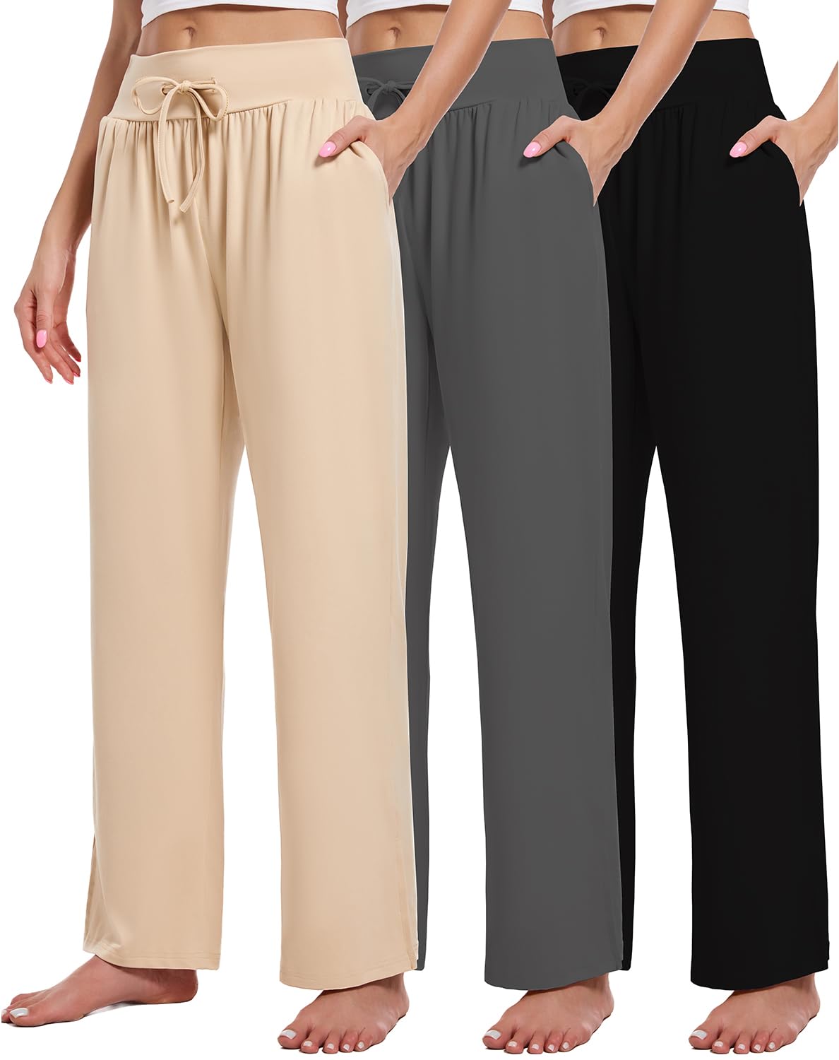 3 Pack Women's Lounge Pants Wide Leg Yoga Sweatpants with Pockets High Waisted Drawstring Lounge Loose Workout Jogger