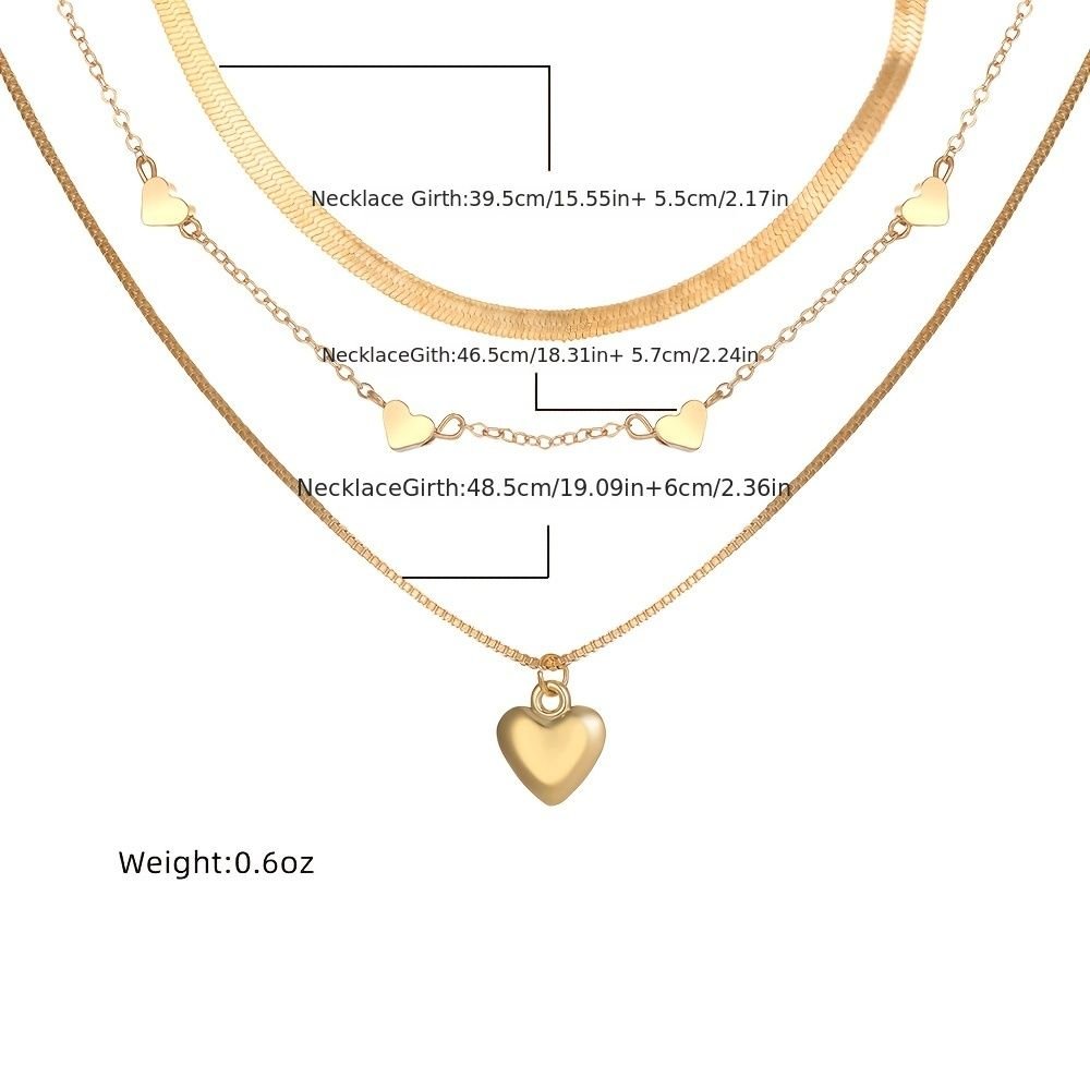 3 Pcs Heart Shape Charm Chain Necklace Stackable Three Layers Necklace Adjustable Neck Link Chain Jewelry