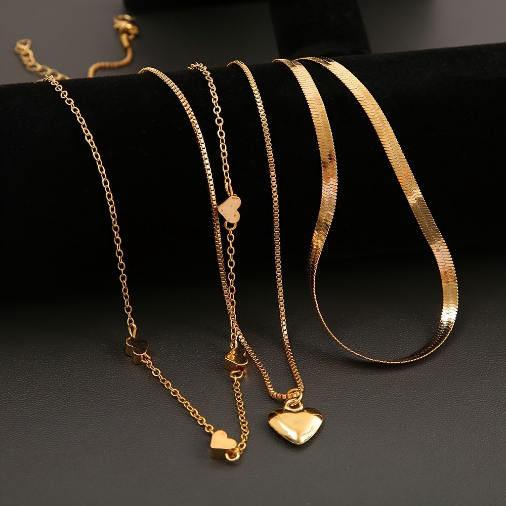 3 Pcs Heart Shape Charm Chain Necklace Stackable Three Layers Necklace Adjustable Neck Link Chain Jewelry