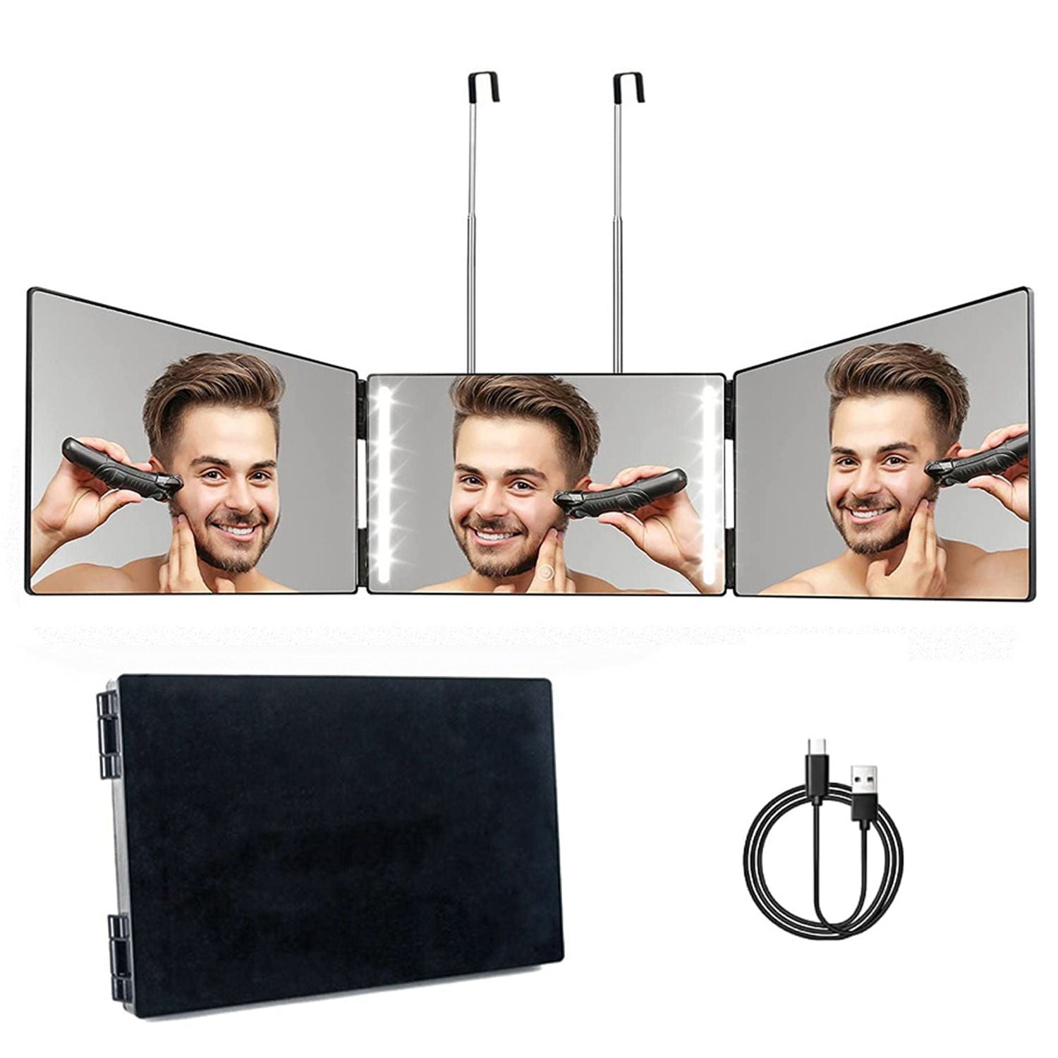 3 Way Mirror with LED Telescopic Hanger Tri-fold Mirror Personal Makeup Mirror with Micro USB Cable for Self Shaving Hair Cutting Dyeing Curling Braiding