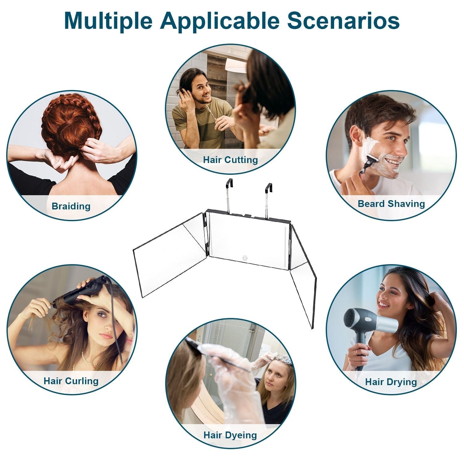 3 Way Mirror with LED Telescopic Hanger Tri-fold Mirror Personal Makeup Mirror with Micro USB Cable for Self Shaving Hair Cutting Dyeing Curling Braiding