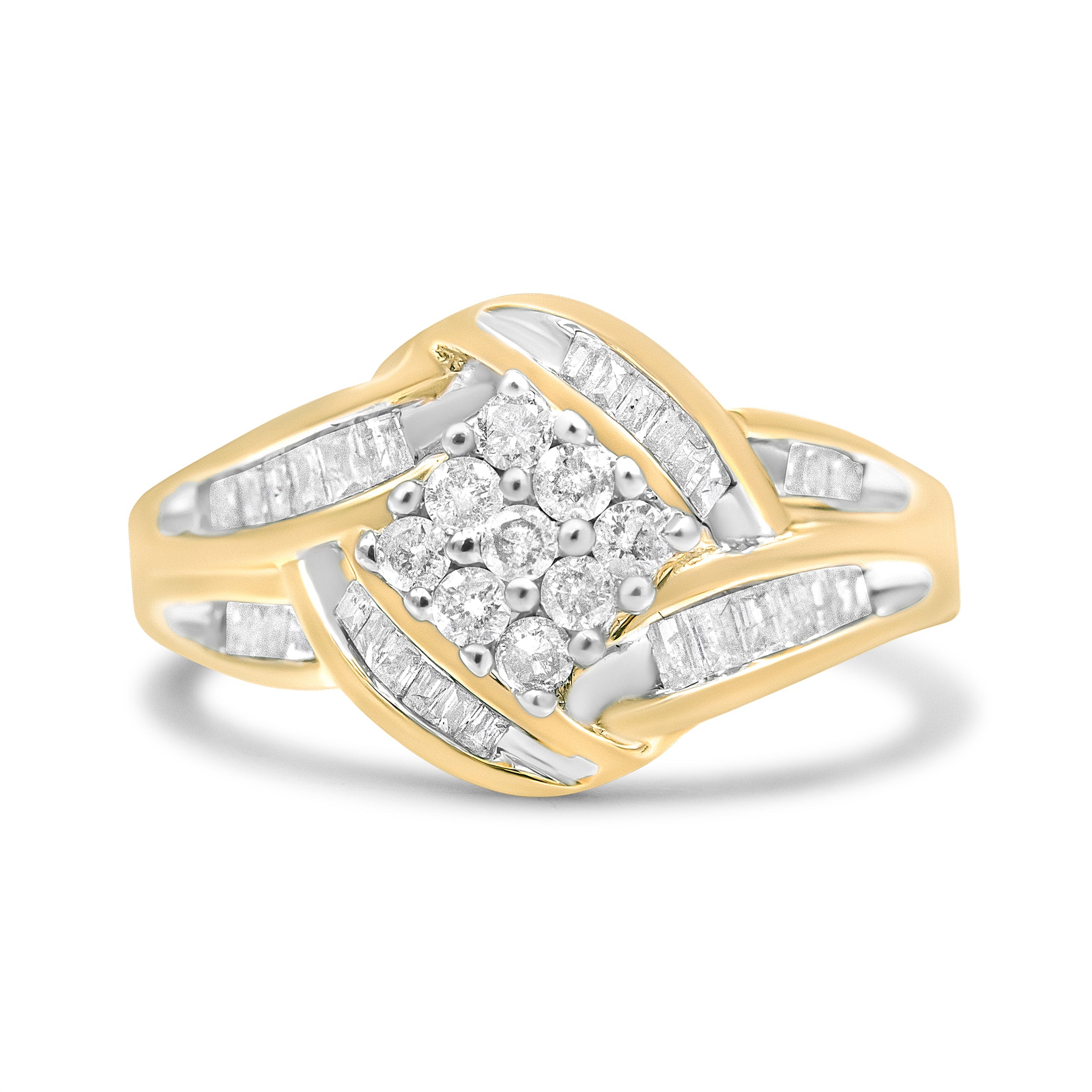10K Yellow And White Gold 3/4 Cttw Diamond Cluster And Swirl Ring (H-I Color, I1-I2 Clarity)
