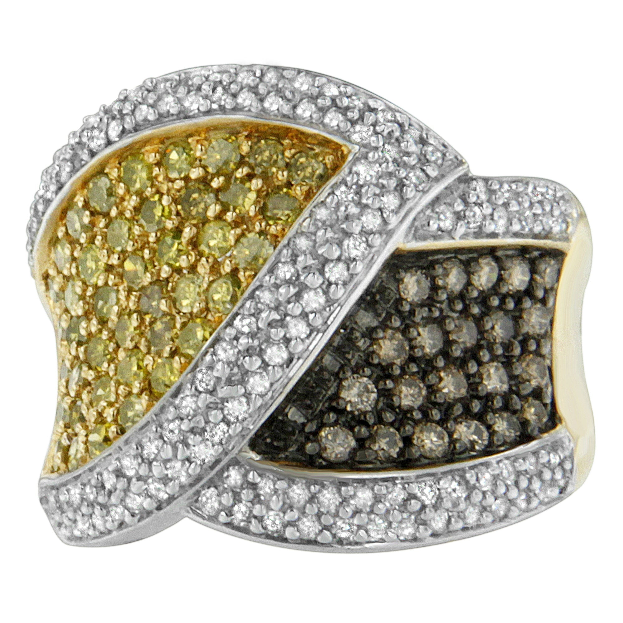 14K Yellow Gold Yellow, White, And Champagne Round-Cut Diamond Cross-Over Ring (1 1/2 Cttw, H-I Color, I1-I2 Clarity)