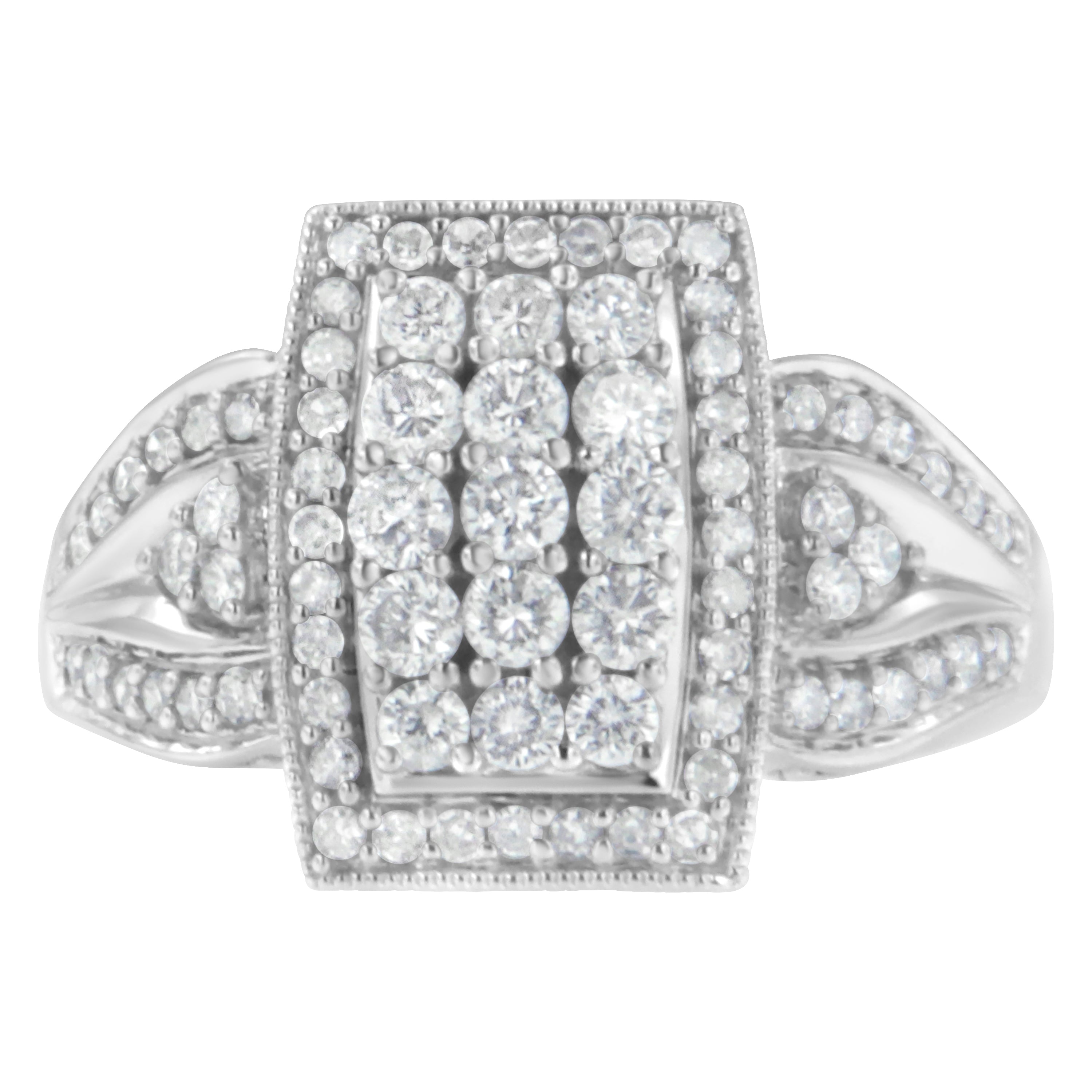 10K White Gold 1.0 Cttw Diamond Rectangular Cushion Shaped Cluster Halo Flared Band Cocktail Fashion Ring (H-I Color, Si2-I1 Clarity) - Size 8