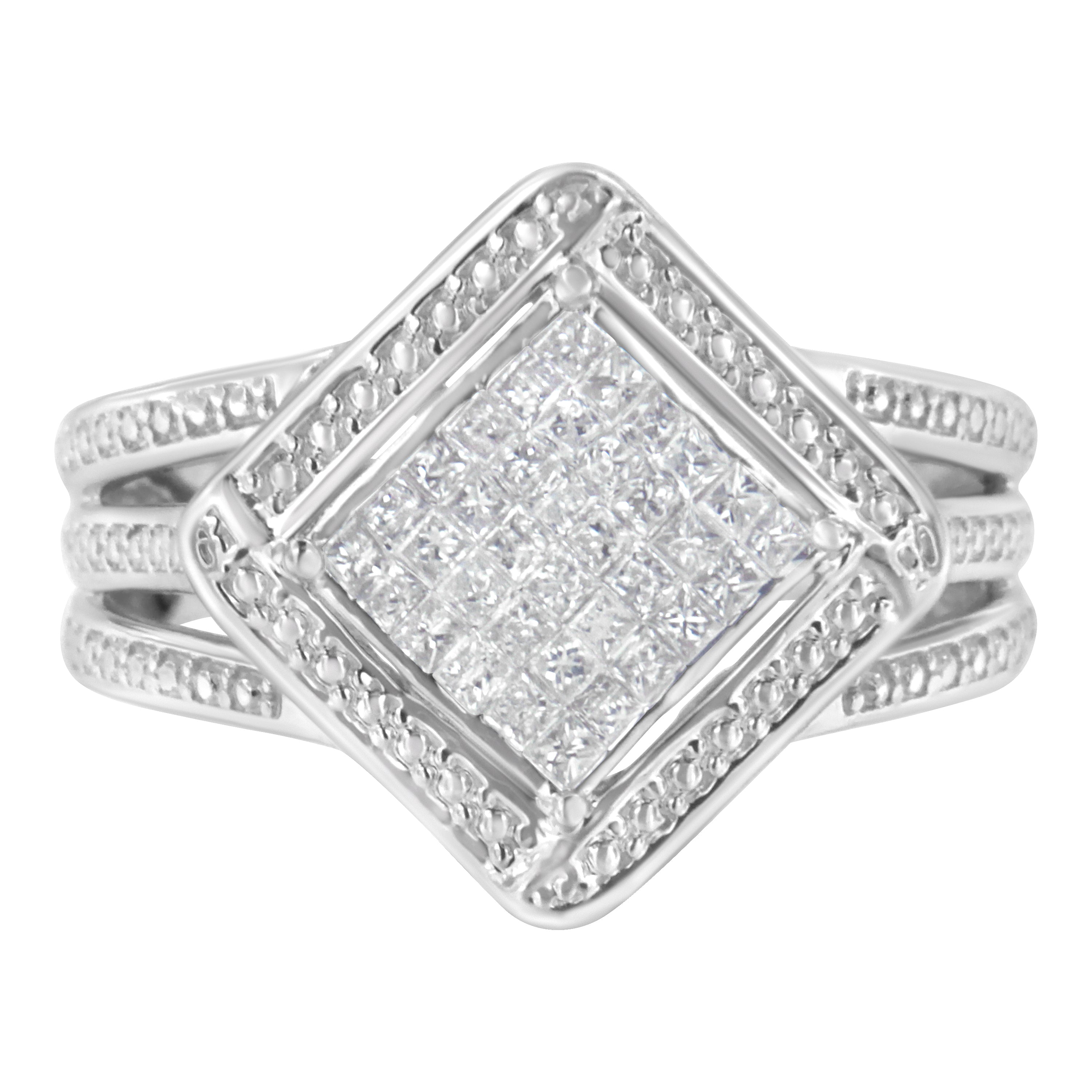 .925 Sterling Silver 2/5 Cttw Princess Cut Diamond Square On Point Cluster Composite Cocktail Ring (H-I Color, Si1-Si2 Clarity) - Size 6-1/2