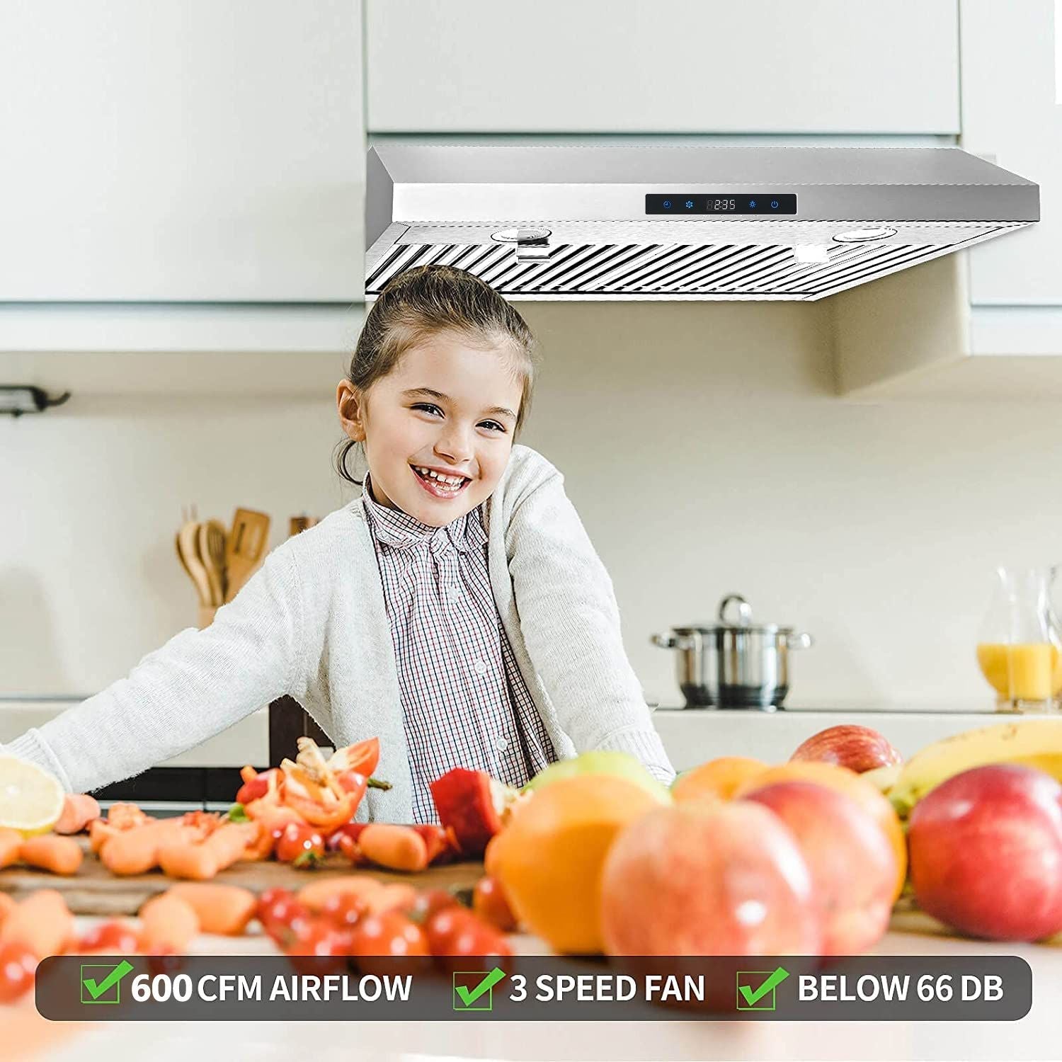 30 inch Kitchen Under Cabinet Range Hood 3-Speed 600CFM Vent w/LEDs Silver/Black