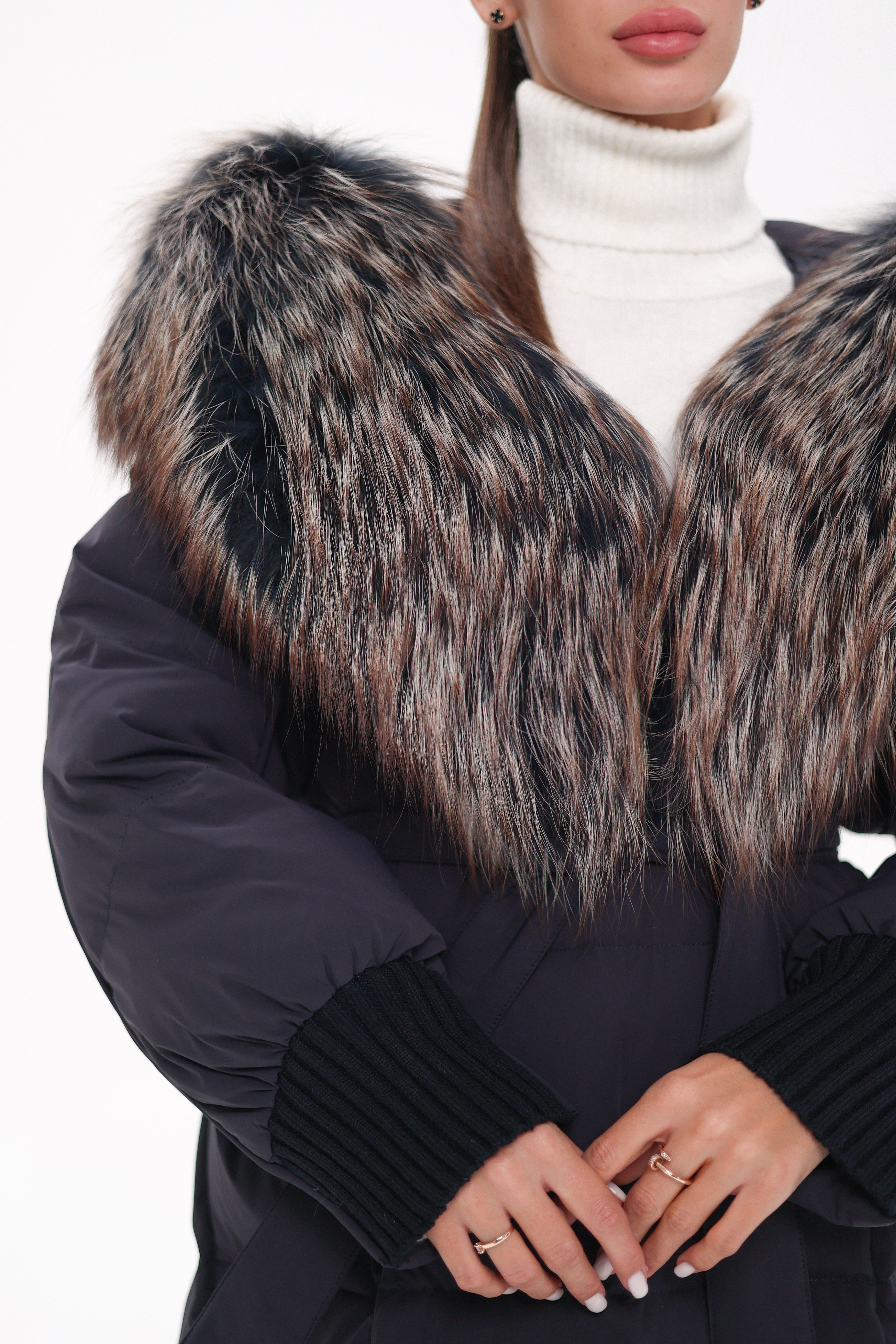 Rei Genuine Fur Trim Hooded Down Coat in Navy