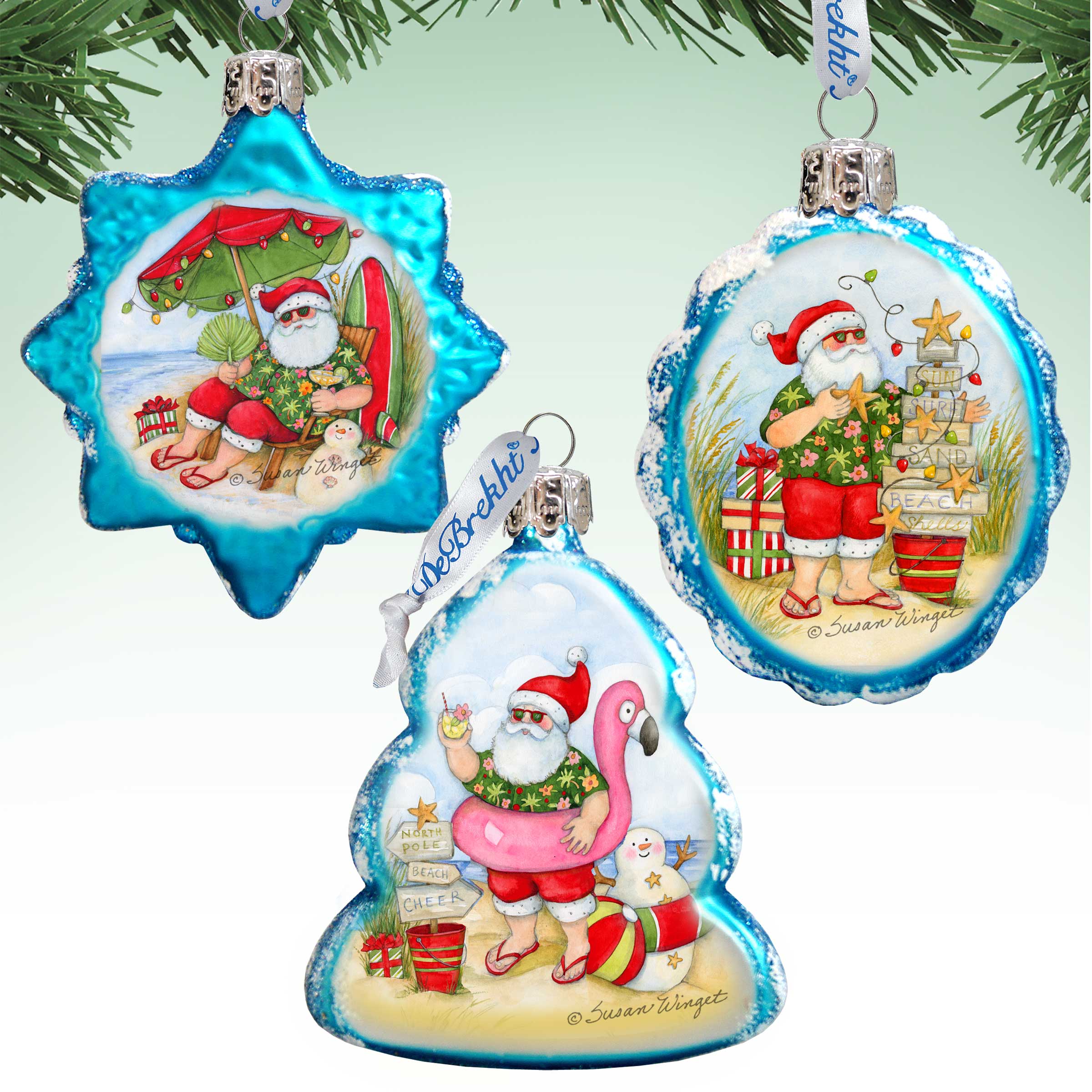 Christmas at the Beach Mercury Glass Ornaments Set of 3 by Susan Winget - Santa and Snowman Decor