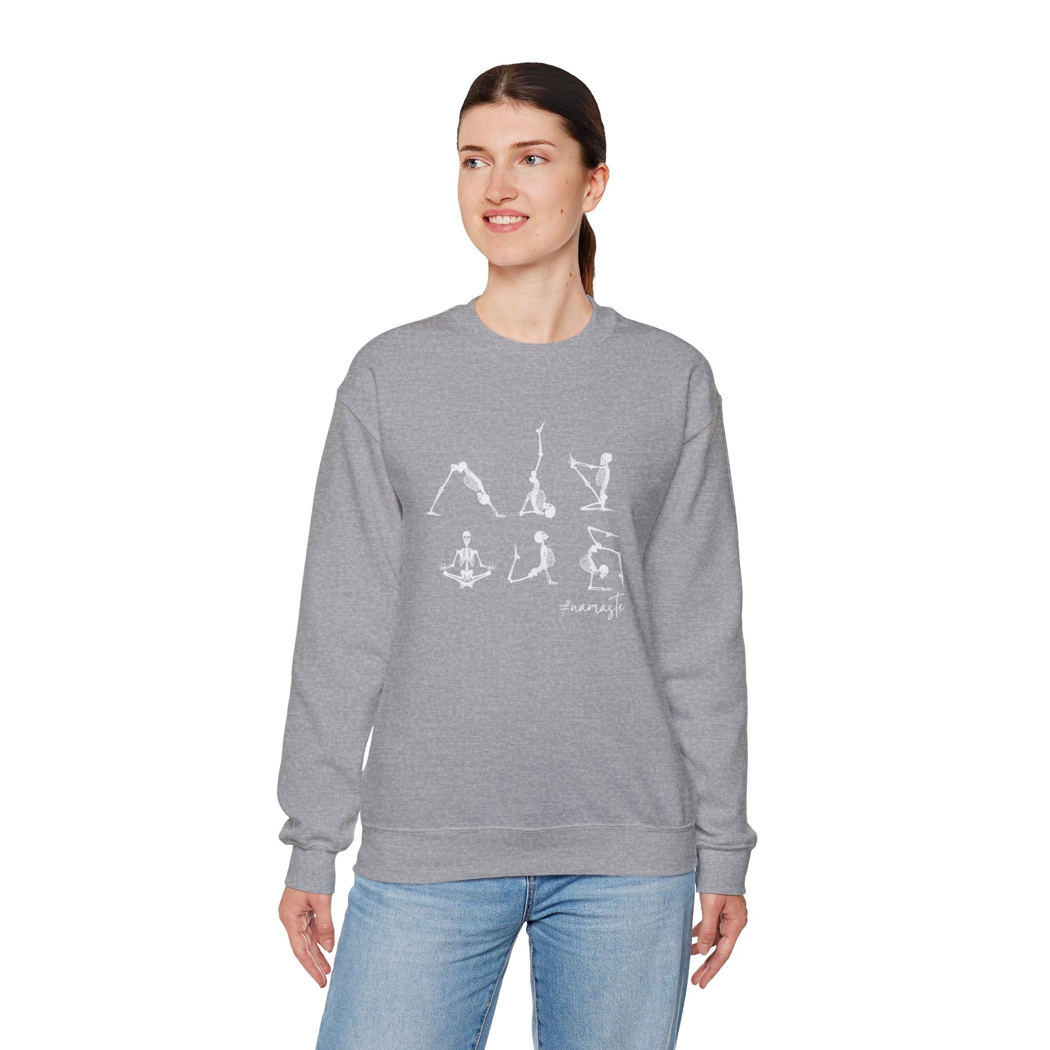 Namaste Halloween Yoga Skeleton Sweatshirt | Cozy Gildan Unisex Crewneck, Three Bees Co. Fall Fashion, Halloween Apparel, Spooky Season Essentials