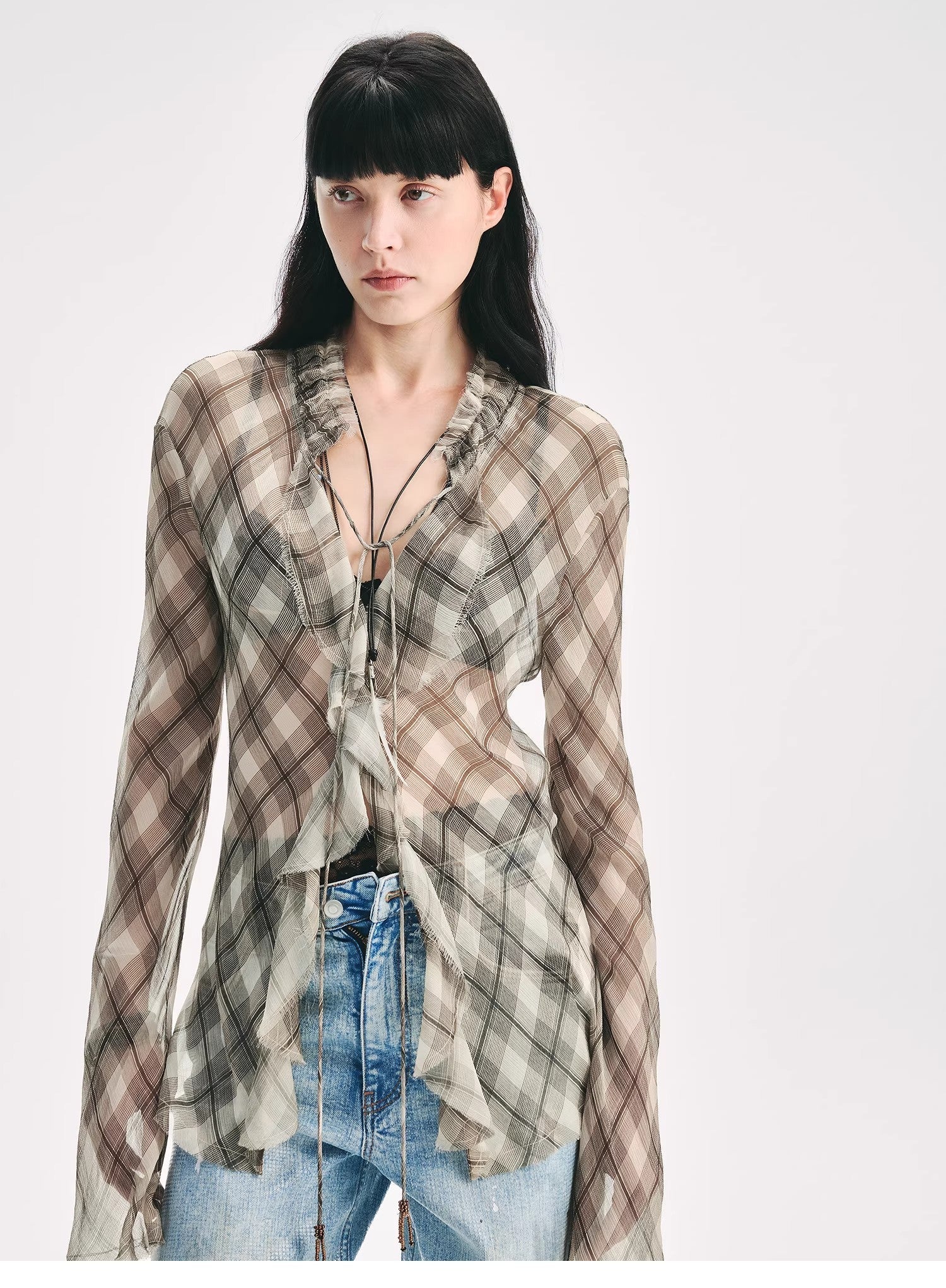 "Fashion Archive" Retro Plaid Light Gauze Cool Slim Shirt-1