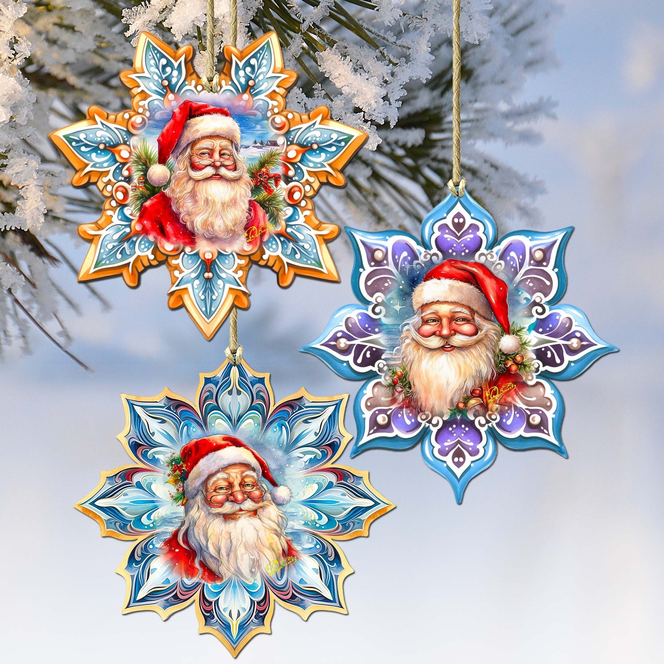 Santa's Smile Snowflake Wooden Ornaments Set of 3 by G. Debrekht - Christmas Decor - 8090148-S3