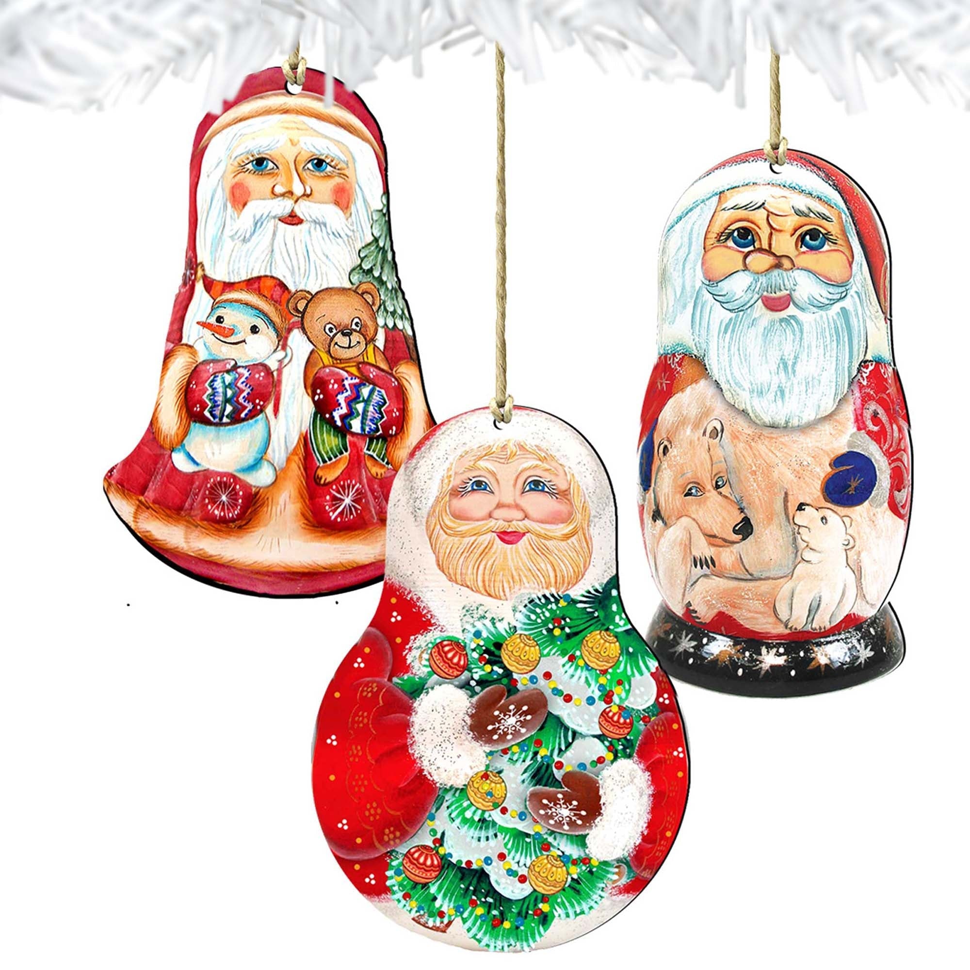 Santa Doll Wooden Ornaments Set of 3 by G. DeBrekht - Christmas Santa Snowman Decor - 8100110S3