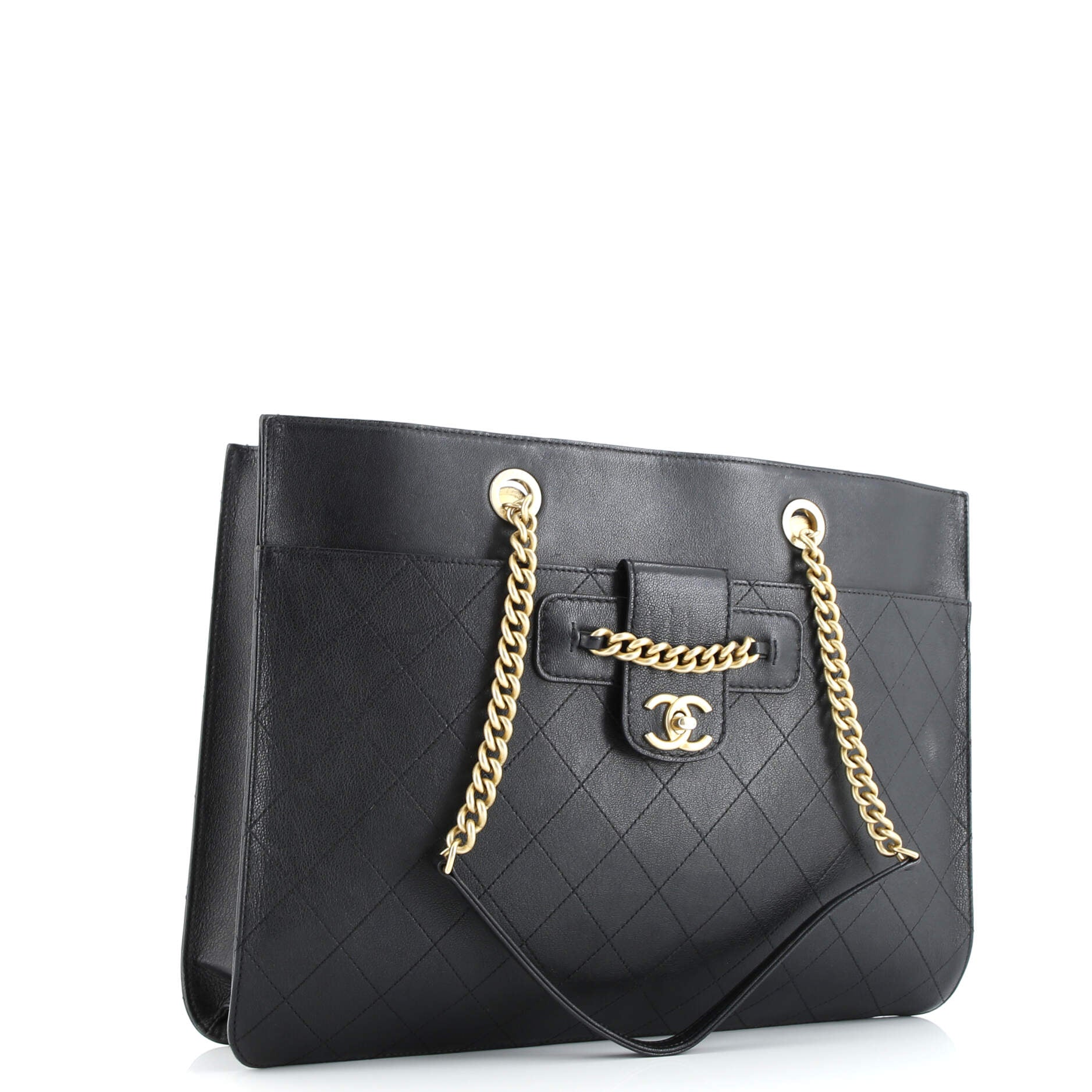 Chanel CC Front Chain Pocket Tote Stitched Leather Medium