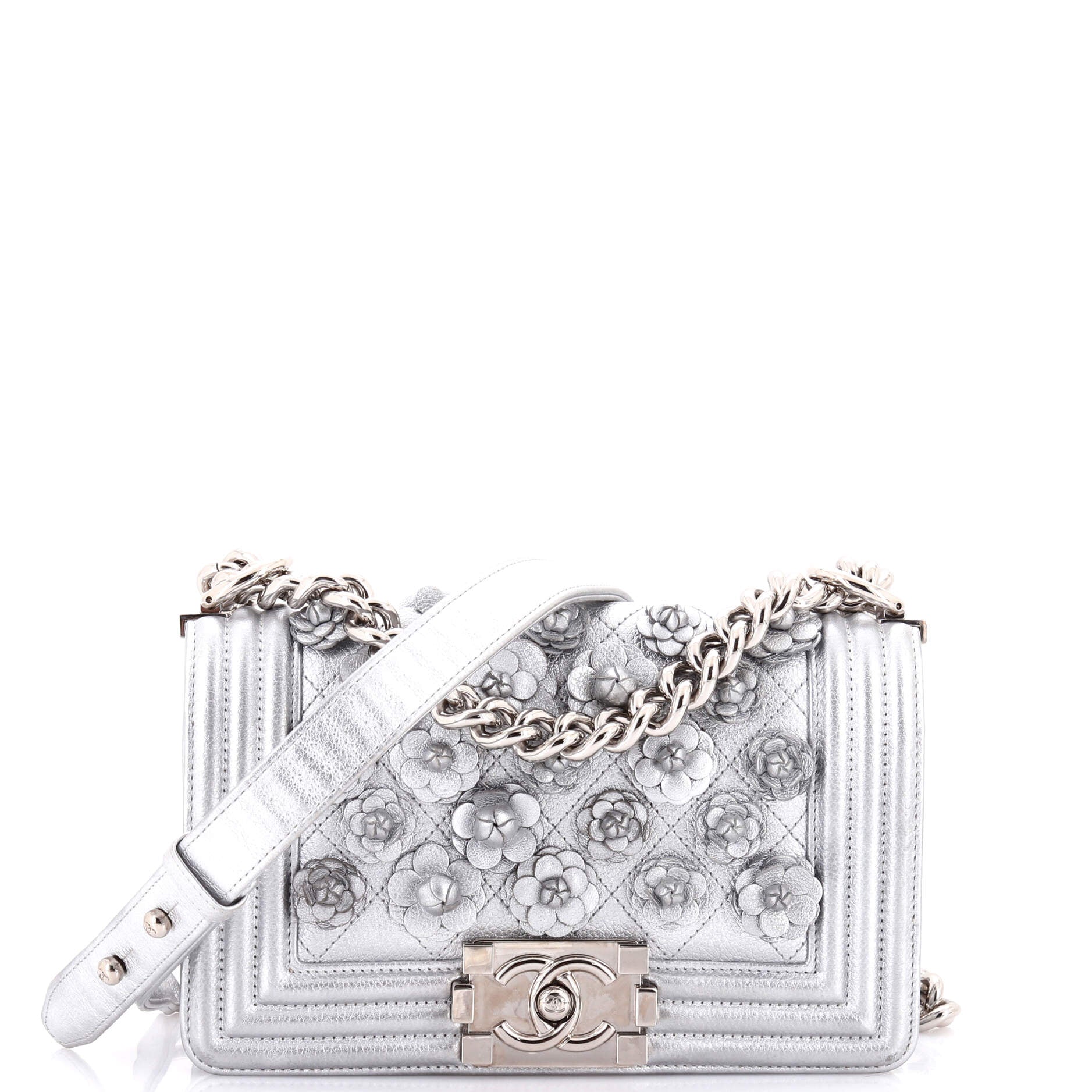 Chanel Boy Flap Bag Quilted Lambskin with Camellia Applique Small